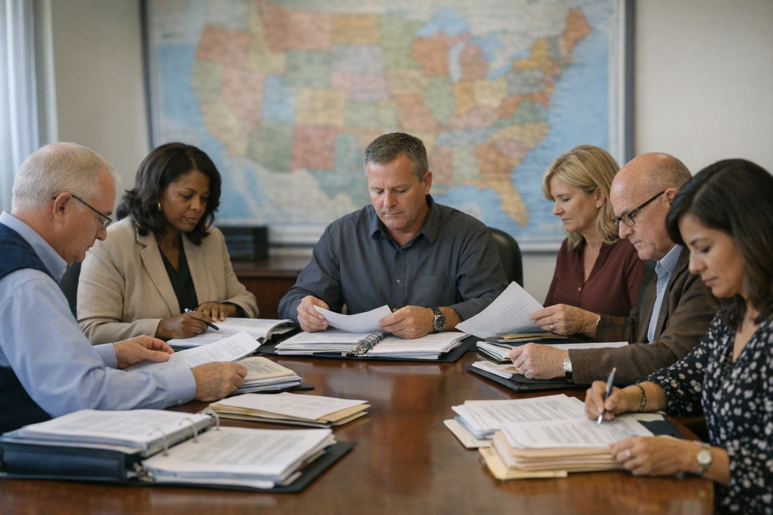 School district administrators sit around a conference table with folders and papers in a central office, with a blurred map in the background.