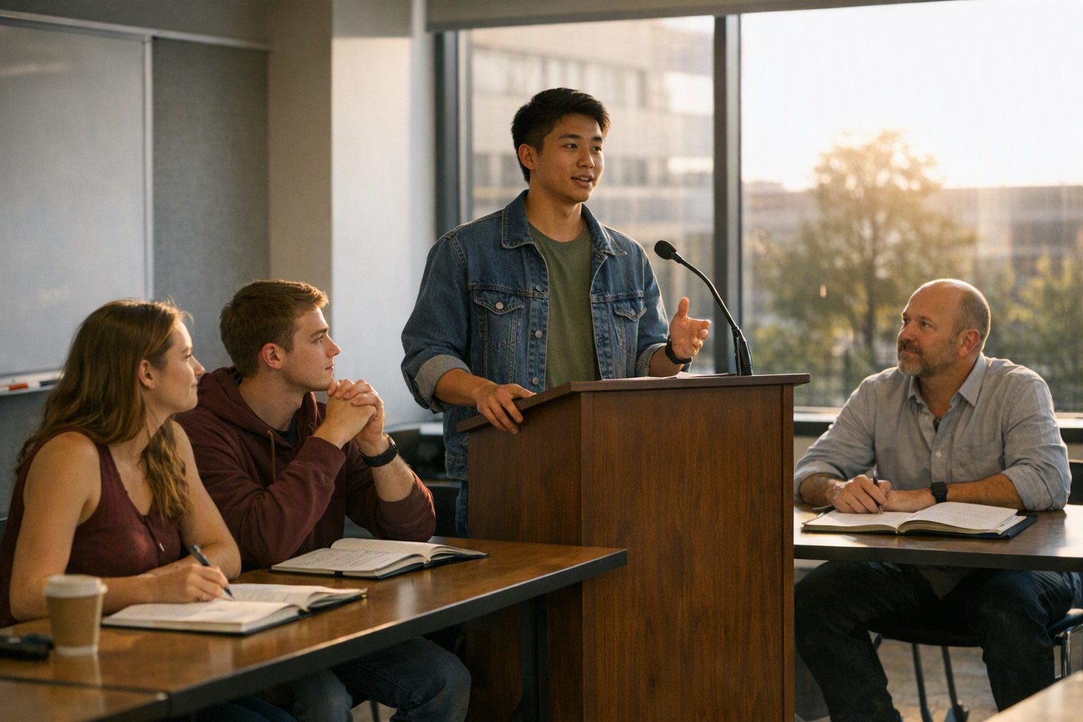 A college student speaks at a podium in a university classroom while teammates and a coach listen with notebooks.