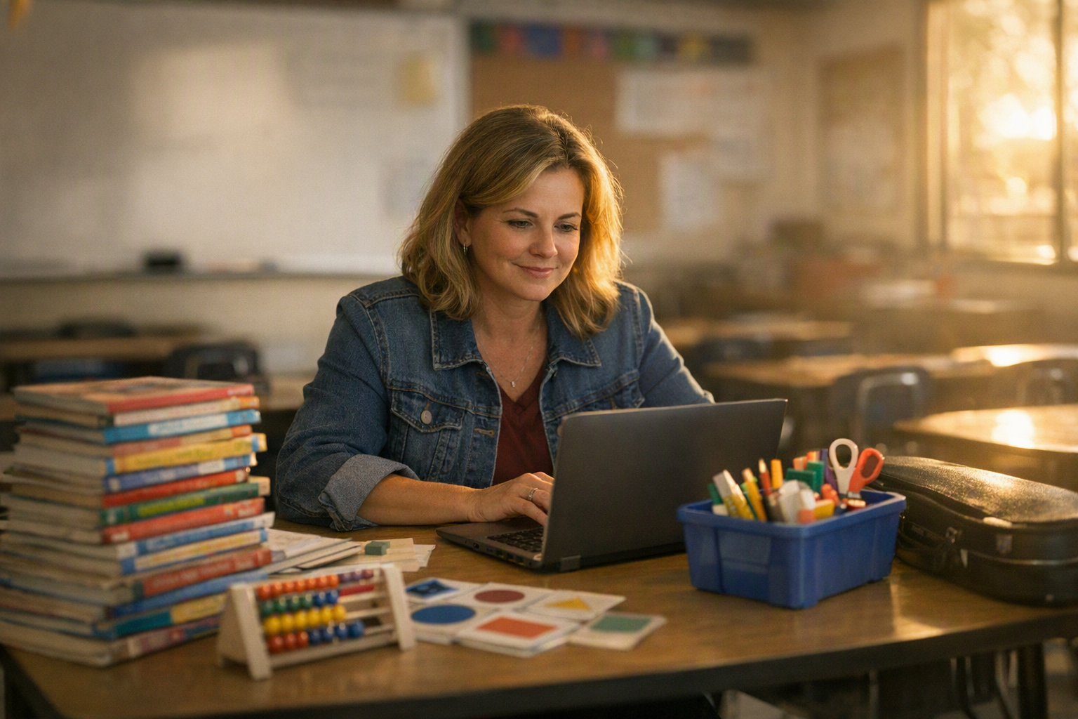 A teacher sits at a classroom desk with a laptop, books, and teaching supplies in a quiet school room after class.