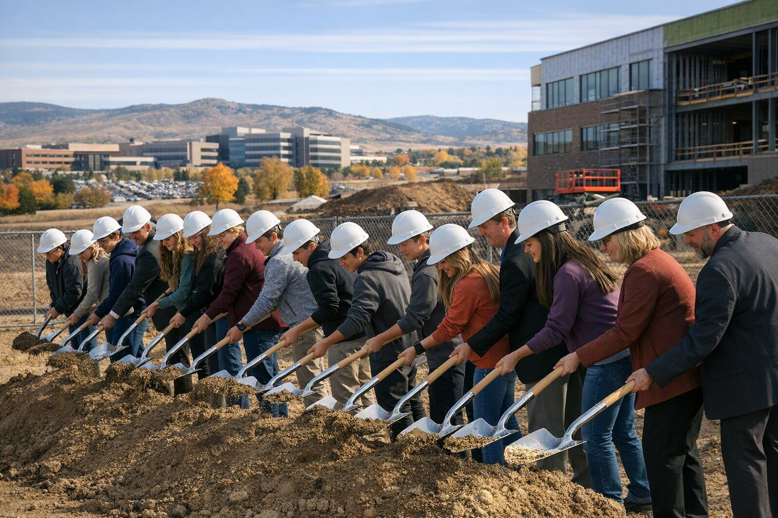 High school students and adults in hard hats stand with shovels at a construction site beside a partially built school, with medical buildings in the distance.