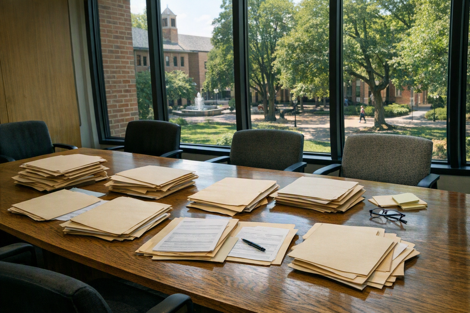 A conference table in a law school office with plain application folders and empty chairs beside tall windows looking onto a campus courtyard.