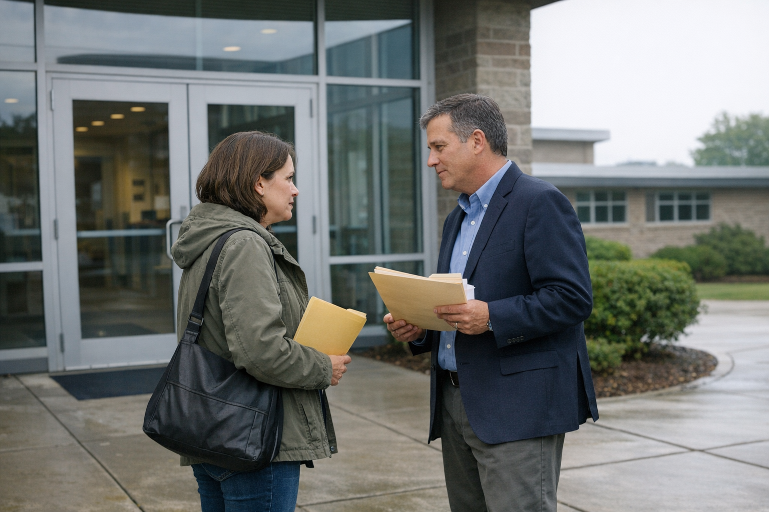 A parent and a school administrator stand outside a district office entrance holding folders on an overcast day.