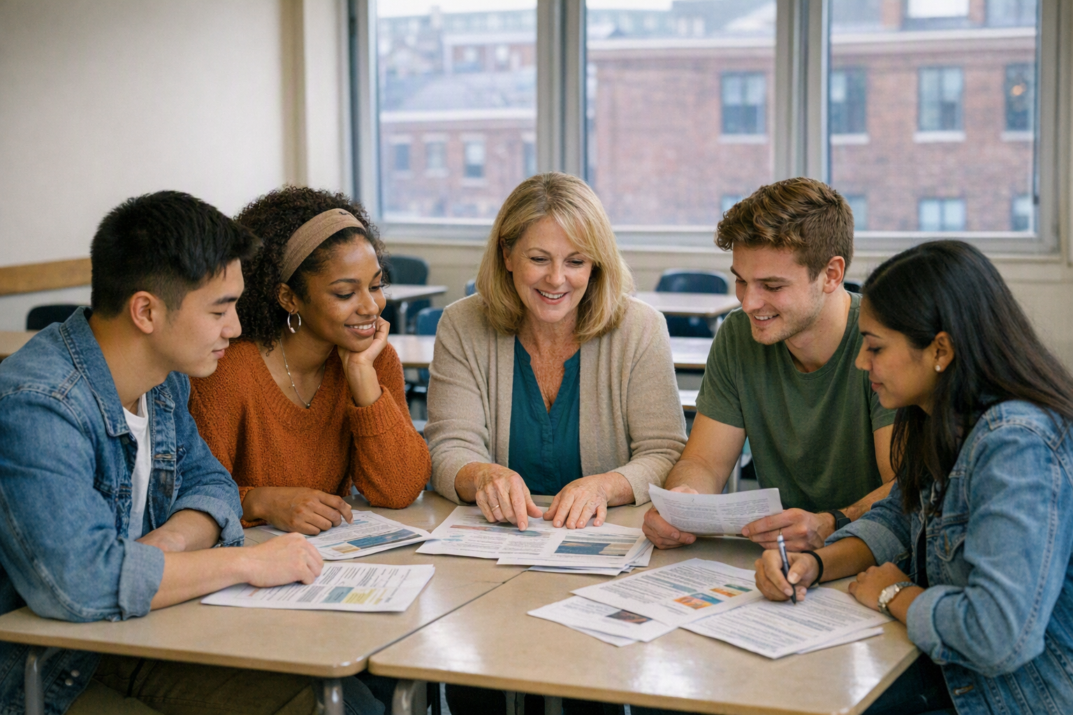 College-age students and an adult health educator sit around a classroom table in a bright high school room, discussing lesson materials.