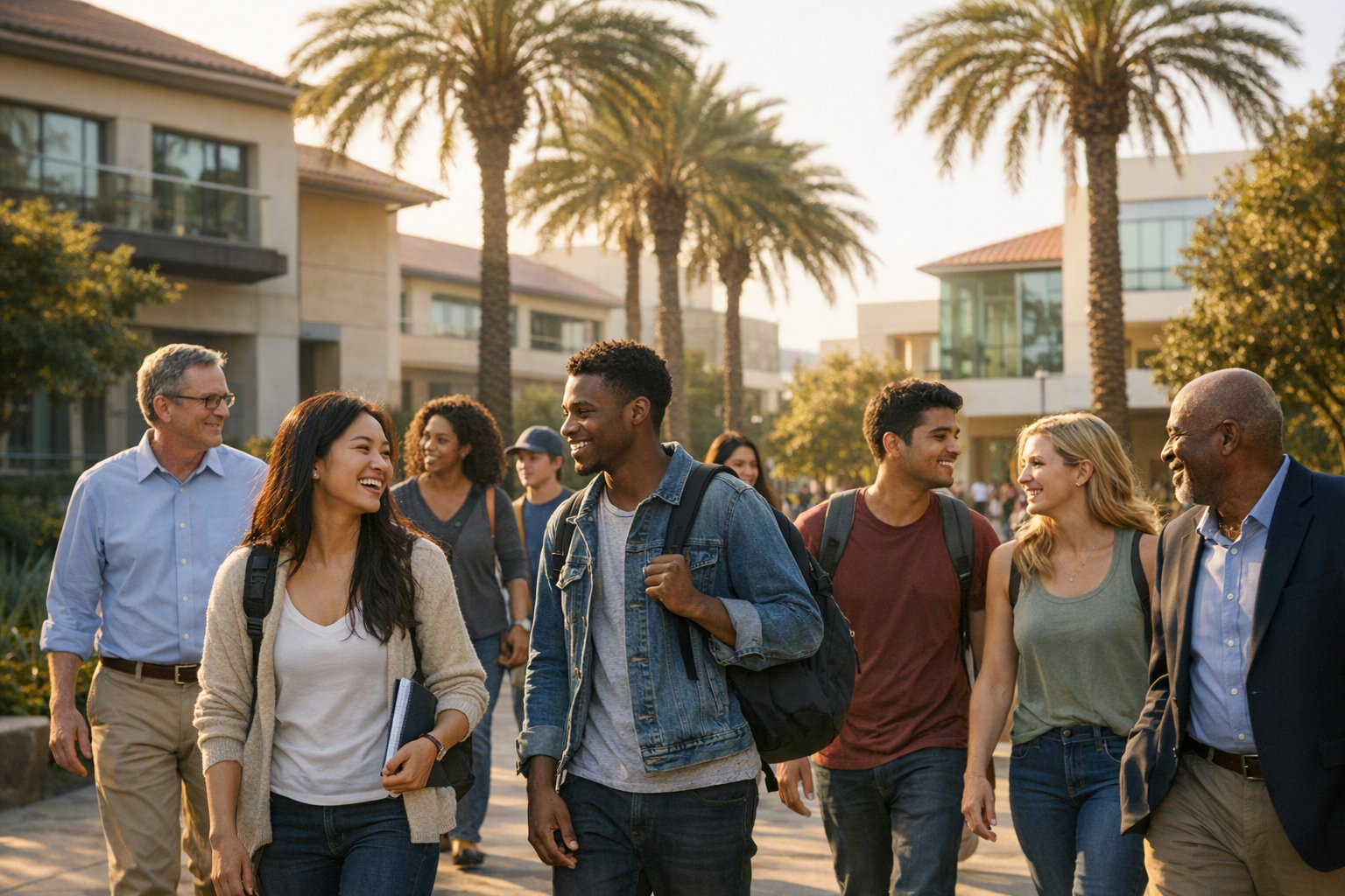 A group of students and campus staff walks across a college courtyard with palm trees and academic buildings in the background.