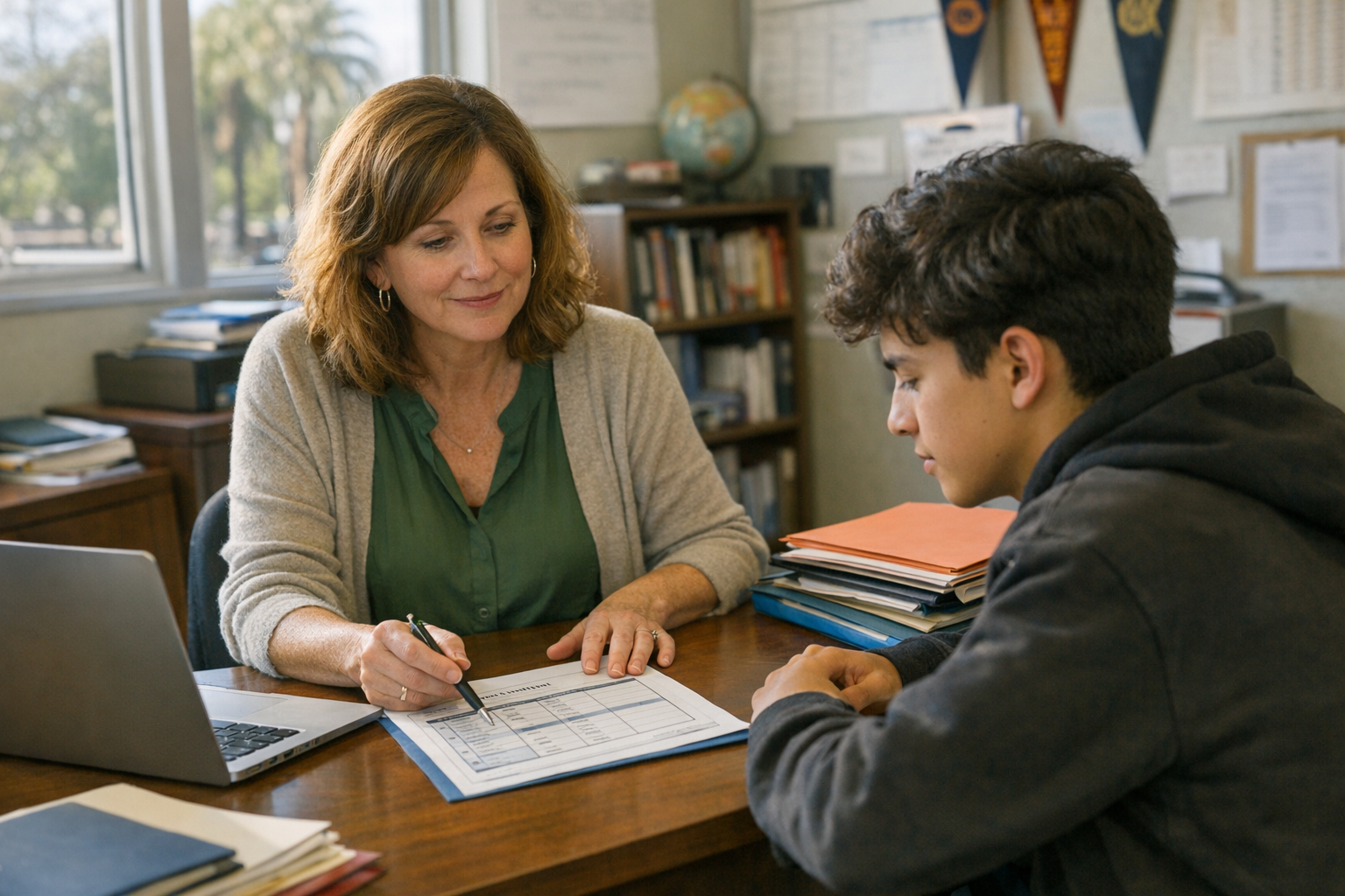 A school counselor and a high school student sit across a desk in an office, reviewing papers and a laptop together.