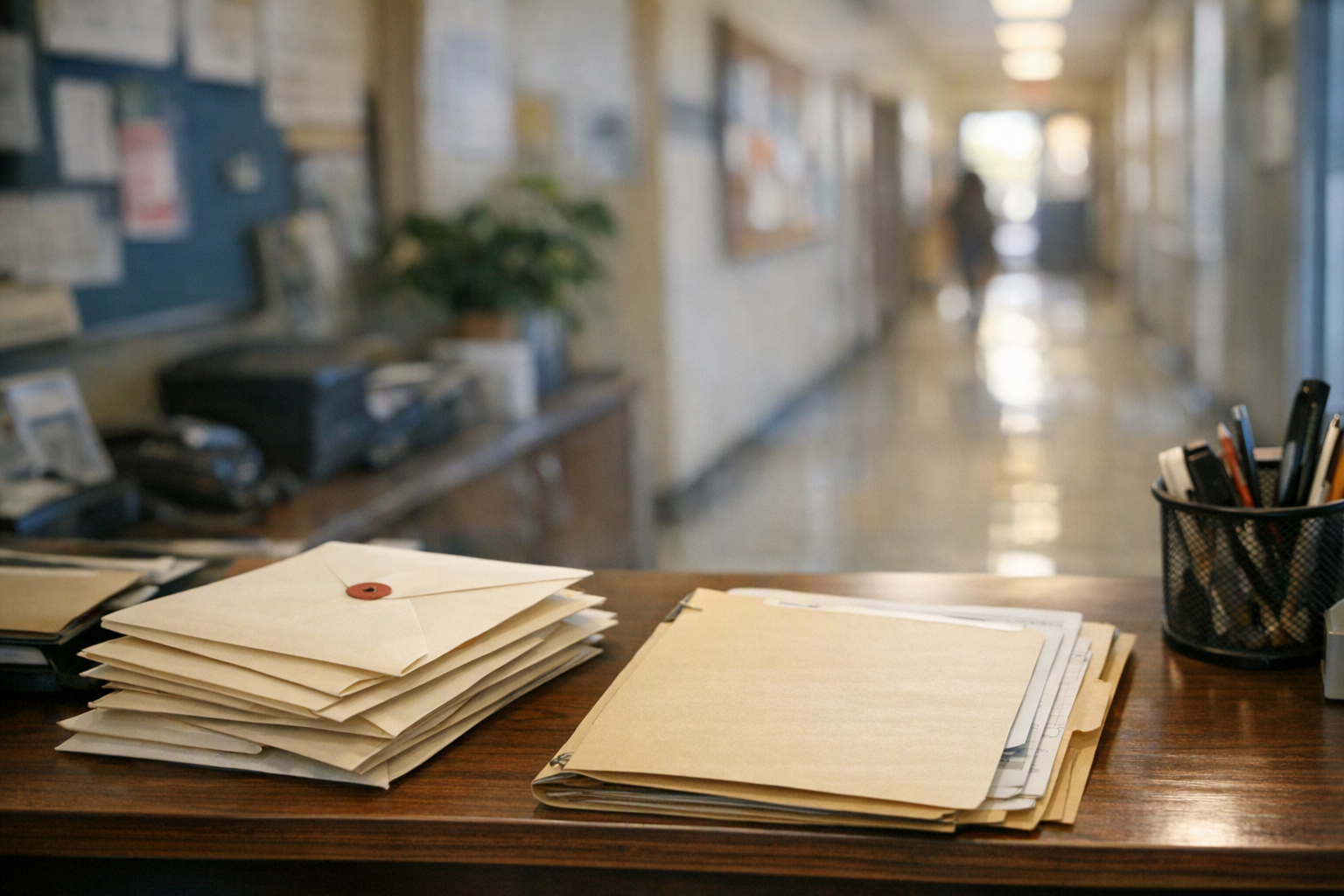 A school office desk with several sealed envelopes beside a folder, with a hallway softly blurred in the background.