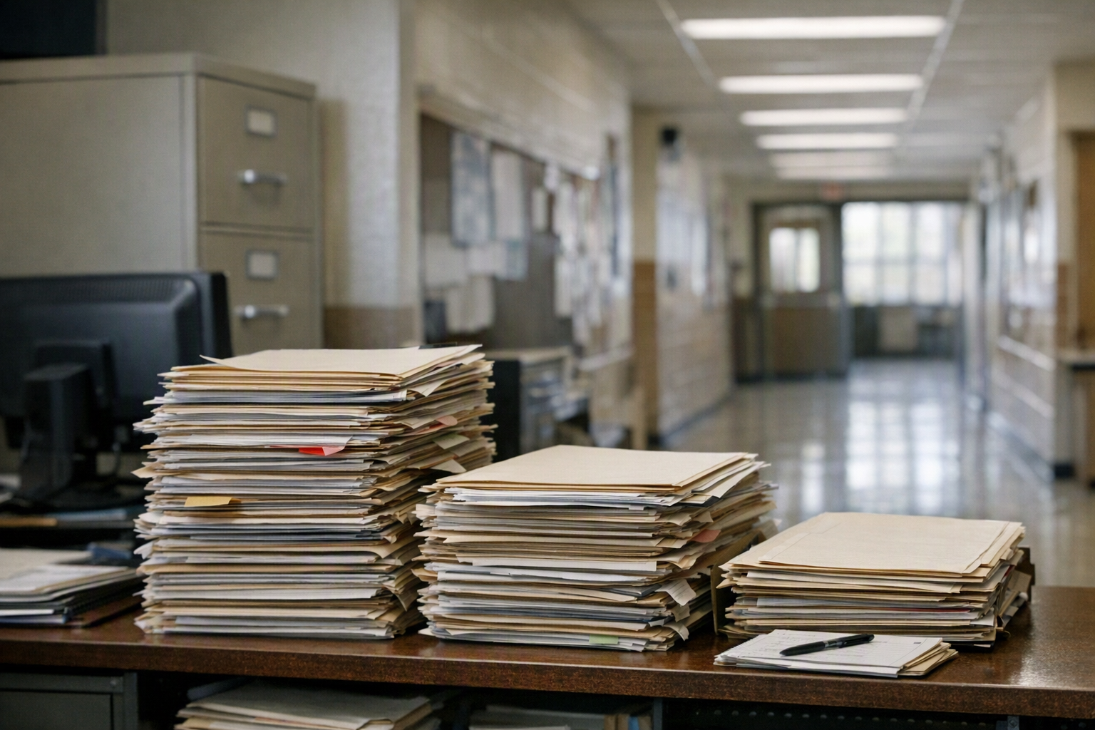 A school records office with paper folders on a desk, a filing cabinet, and an empty hallway beyond the doorway.