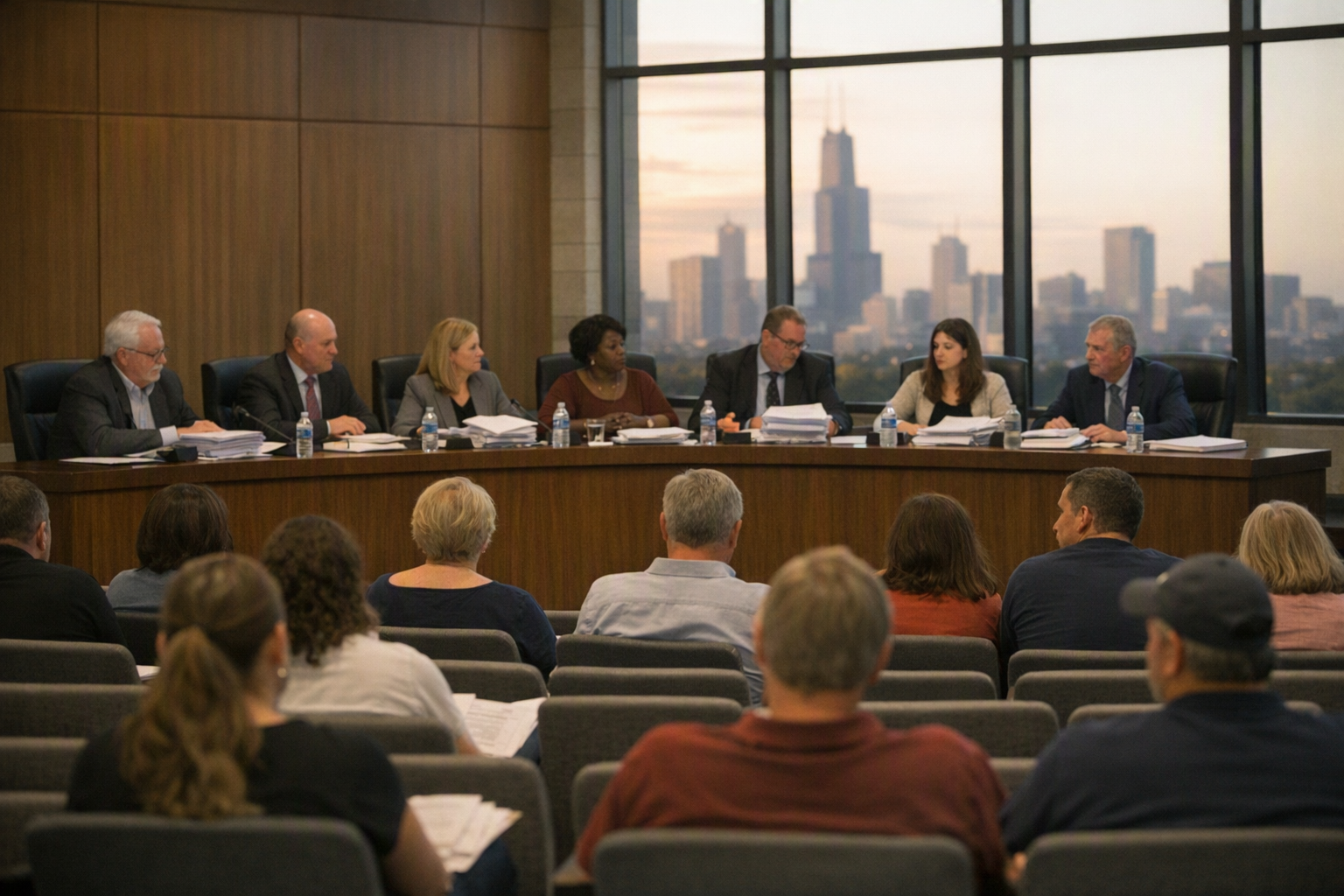 Board members sit at a long dais in a modern meeting room while rows of audience chairs face them and a city skyline is visible through tall windows.
