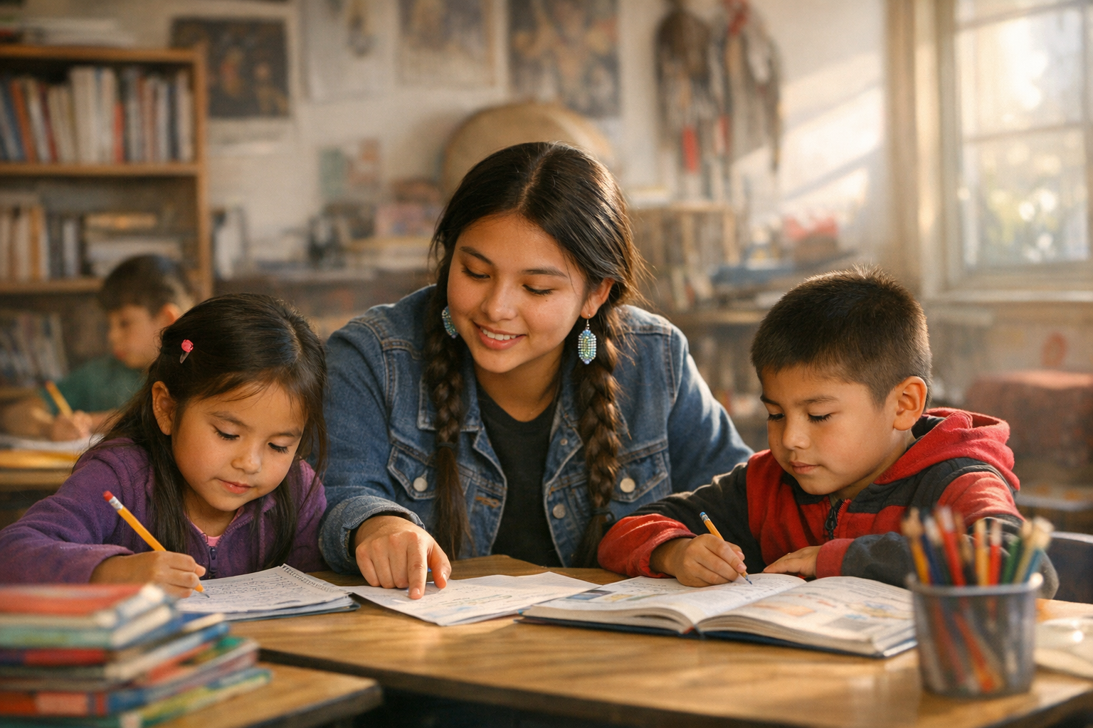 A high school student helps younger children with classroom work in a bright school room while an adult stands nearby.
