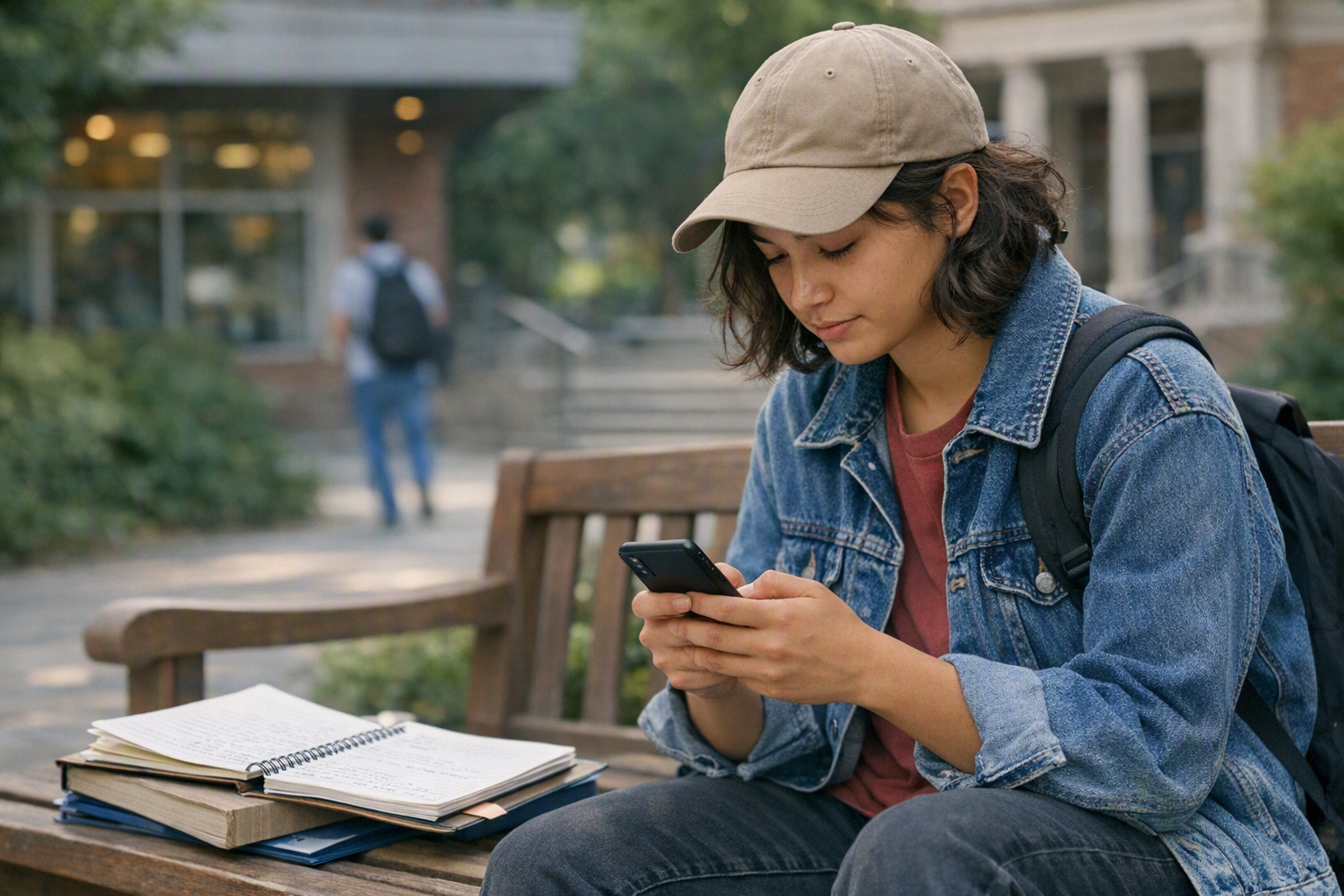 A college student sits on a campus bench holding a phone next to an open notebook, with campus buildings blurred in the background.