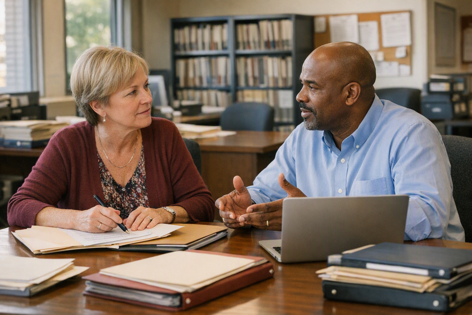 Two college staff members sit at a conference table in an administrative office, sorting folders and talking beside an open laptop.