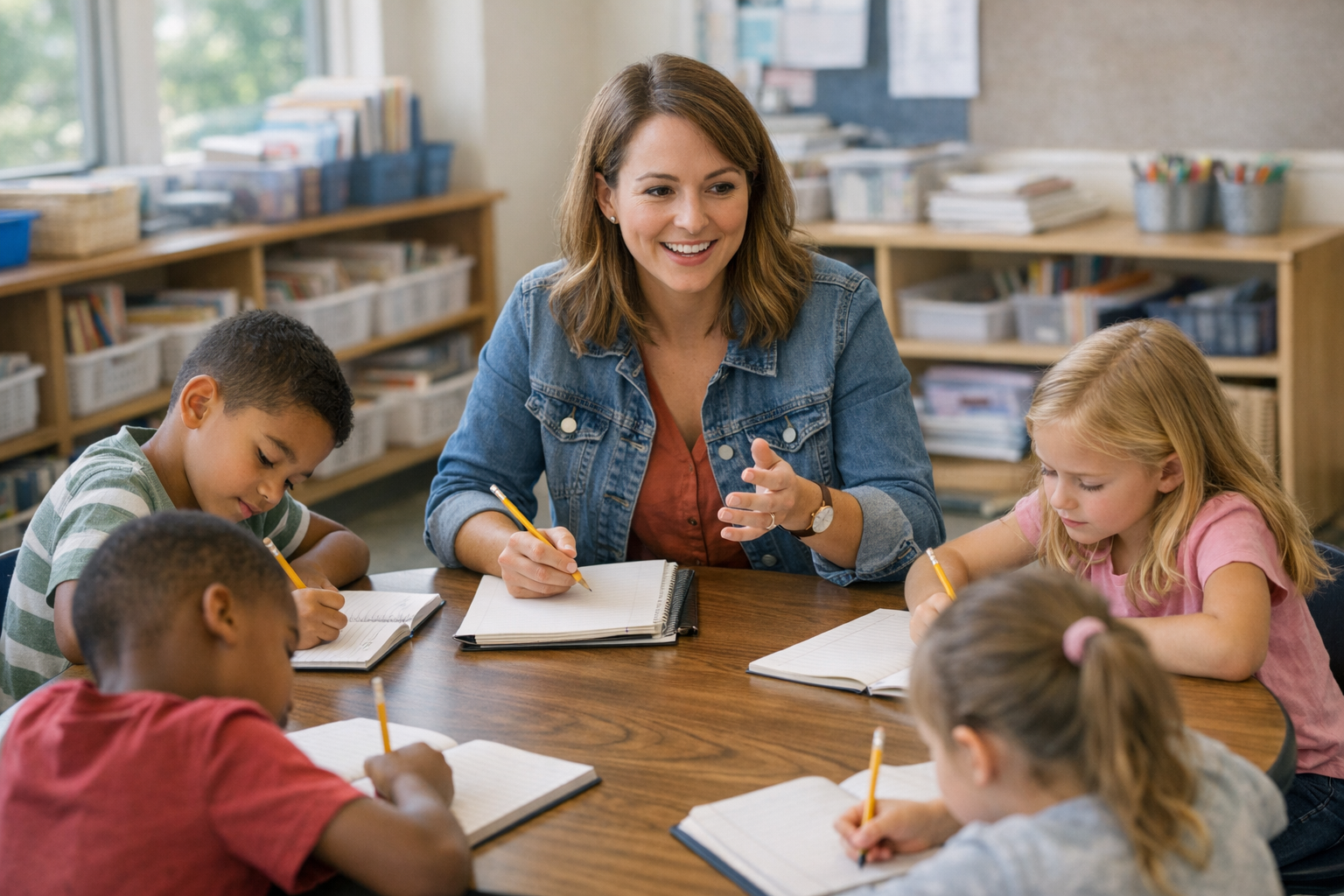 An elementary teacher works with a small group of young students writing in notebooks at a classroom table.