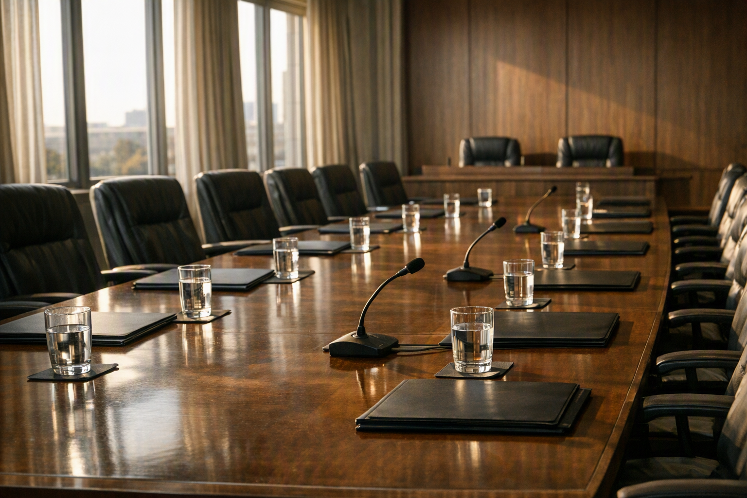 An empty boardroom with a long conference table, chairs, folders, water glasses, and microphones lit by afternoon window light.