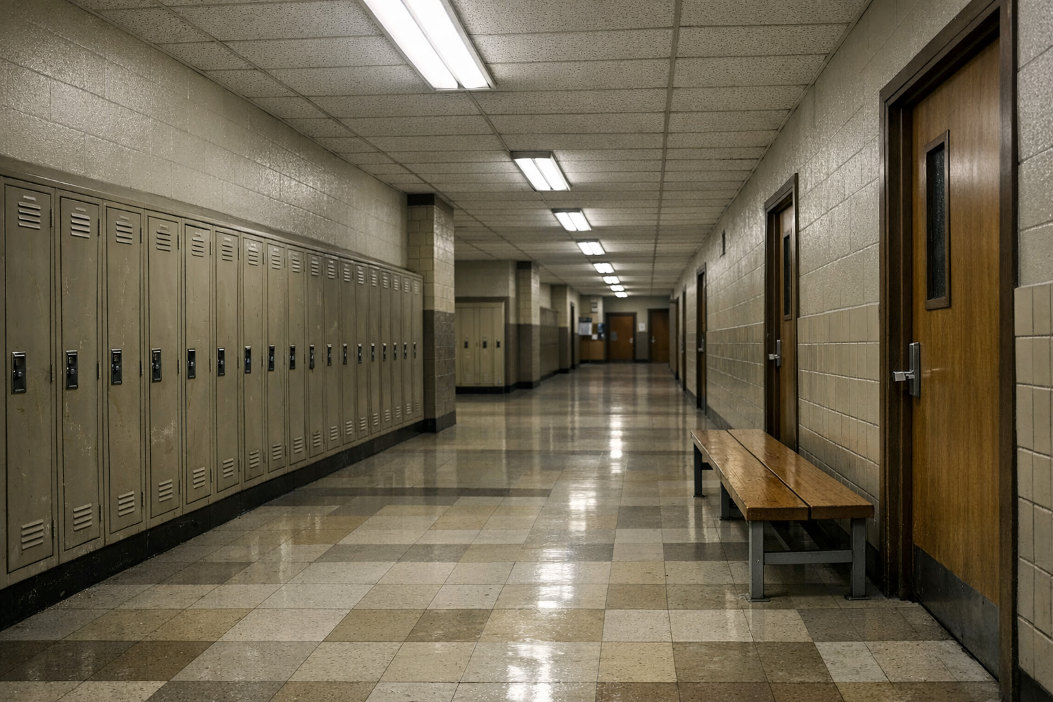 Empty school hallway with lockers, classroom doors, tile floors, and benches under overhead lights.