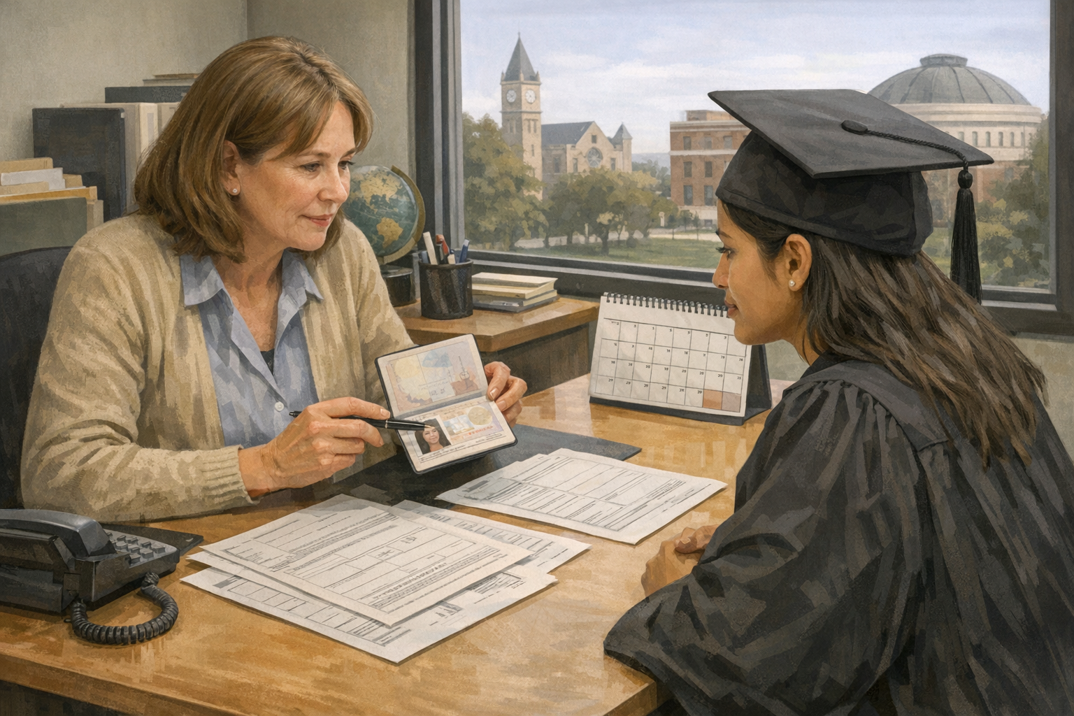 An adviser and a student sit across a desk in a campus office with a passport, papers, and a desk calendar between them, with academic buildings visible through the window.