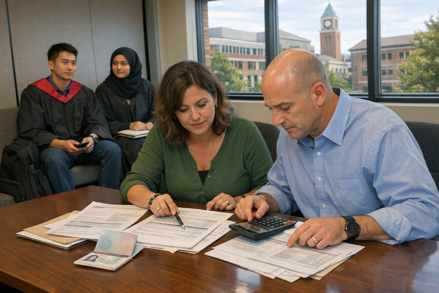 Staff members in a university international student office review documents at a table while two graduates wait nearby, with campus buildings visible through the window.