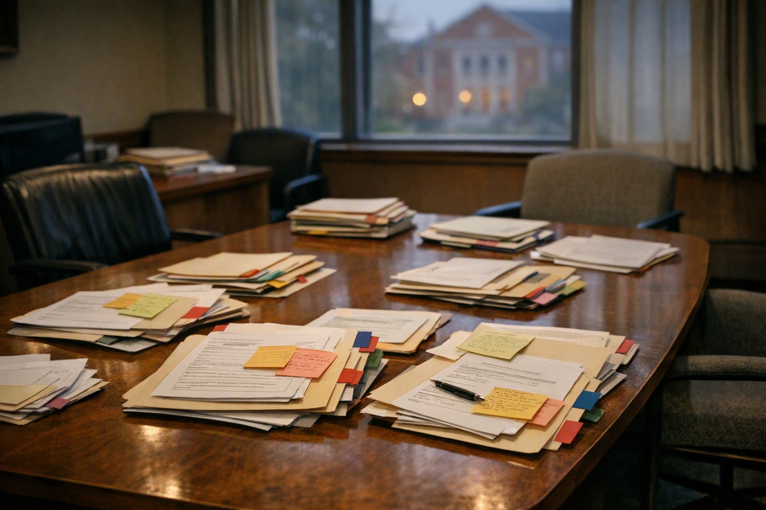 A conference table in a modern office with paper files, colored tabs, and empty chairs beside windows overlooking a blurred campus building.