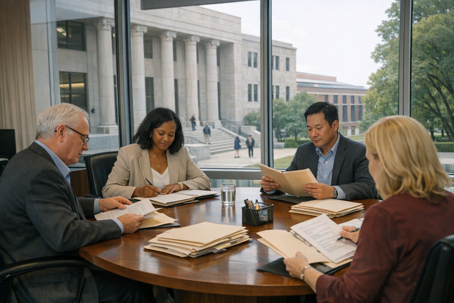 Admissions staff sit around a conference table reviewing application folders in a modern office, with a law school building visible through the windows.