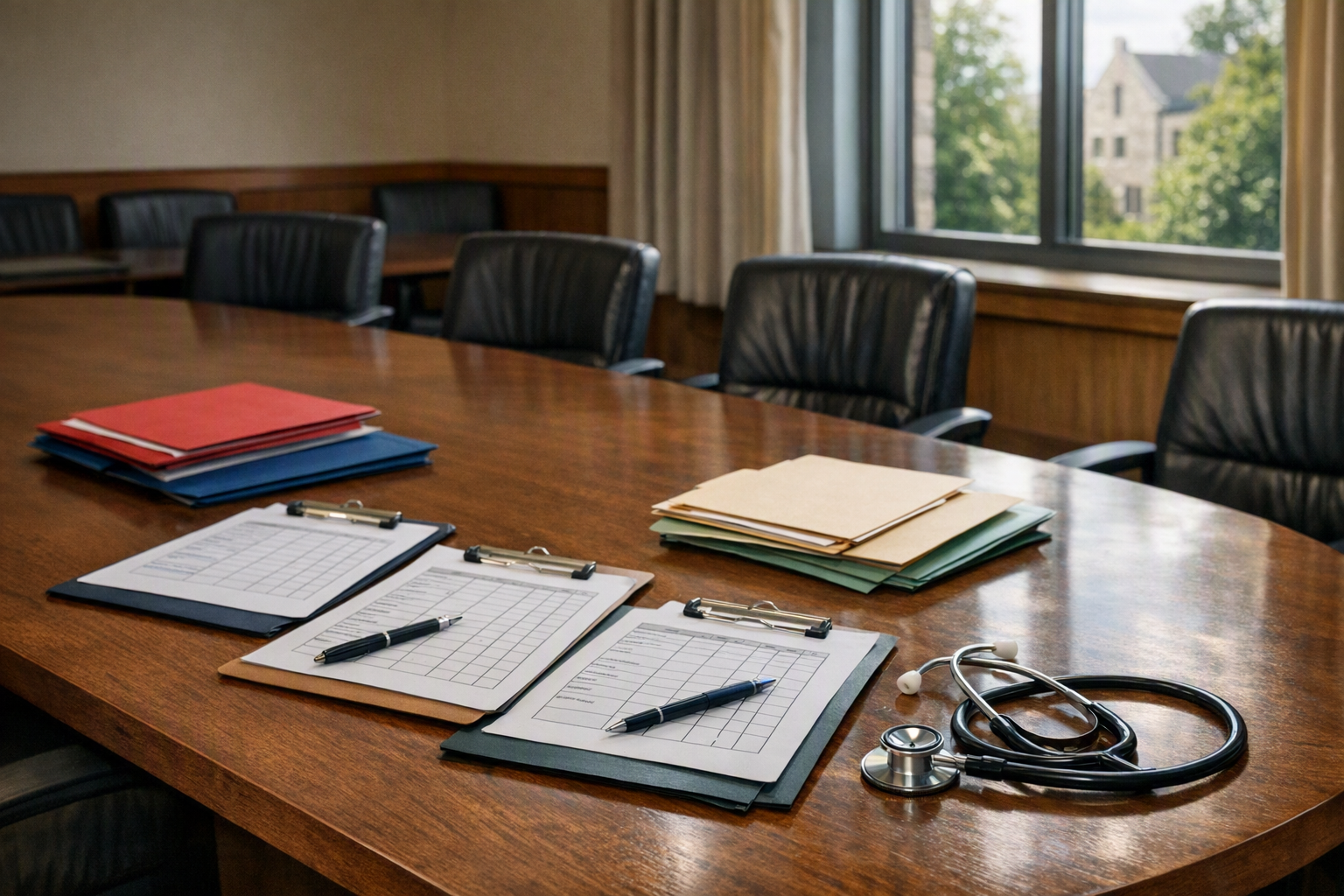 An empty conference room with applicant folders on a table and a stethoscope beside them in a university setting.