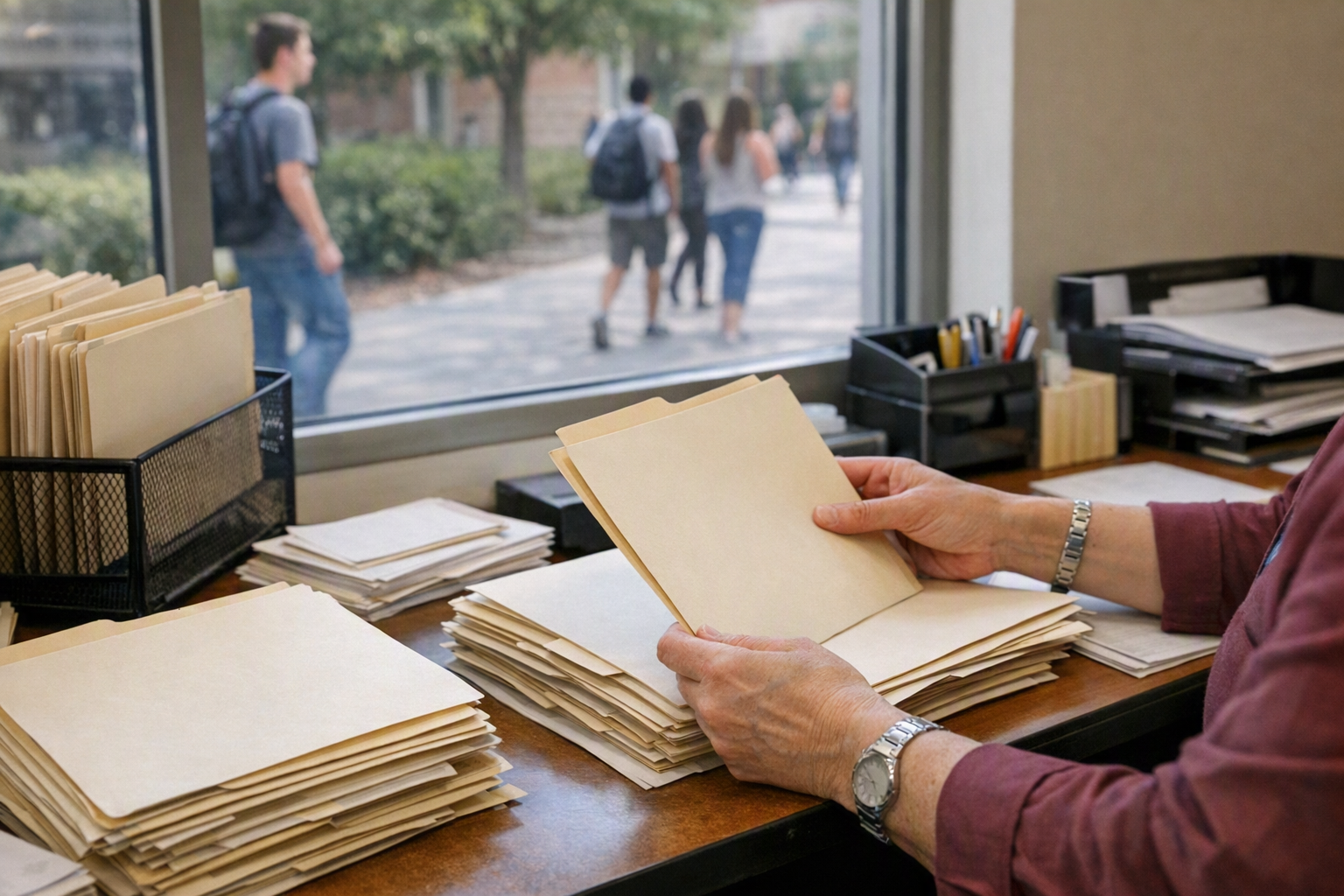 Staff hands sort student folders on a desk inside a university administrative office, with a campus walkway visible through a window.