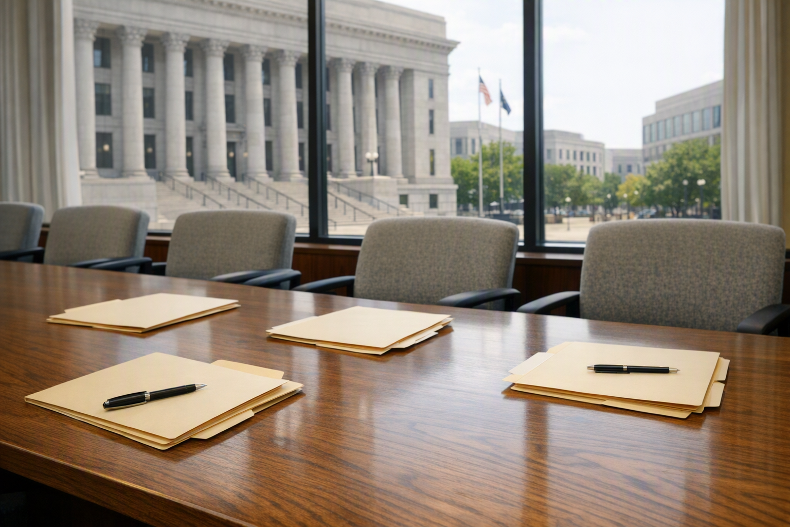 An empty school district conference room with file folders on a table and a courthouse visible through the windows.