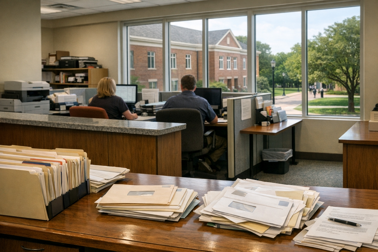 A quiet college administration office with a service counter, paper files and envelopes on a desk, and campus buildings visible through large windows.