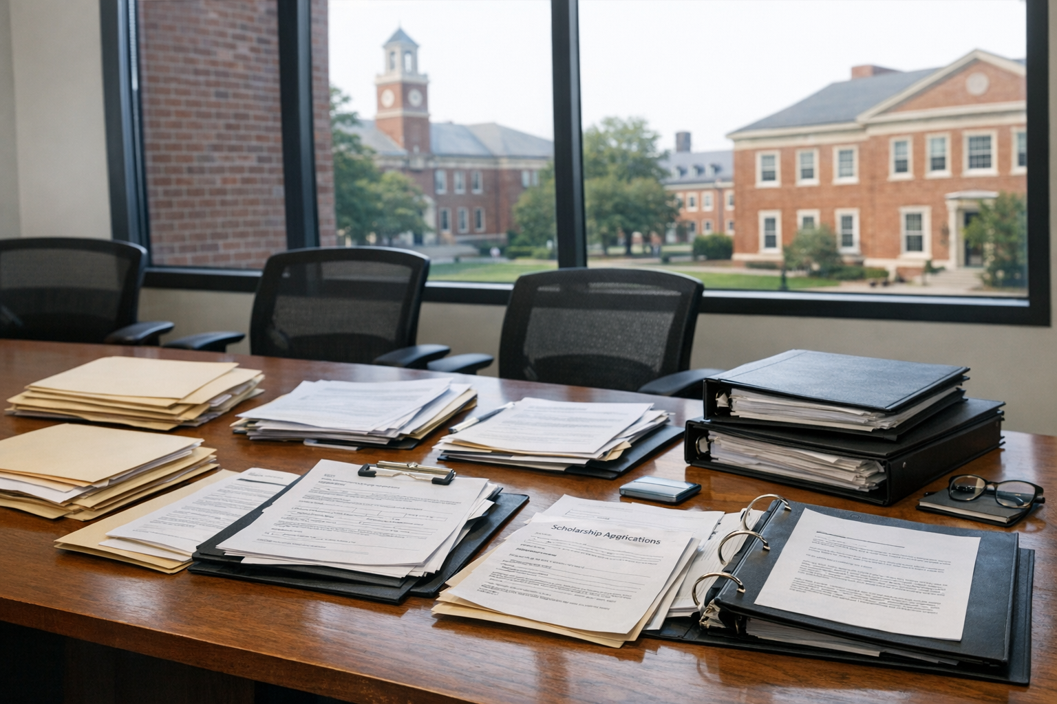 A conference table in a university office holds folders and binders, with red-brick campus buildings visible through large windows.