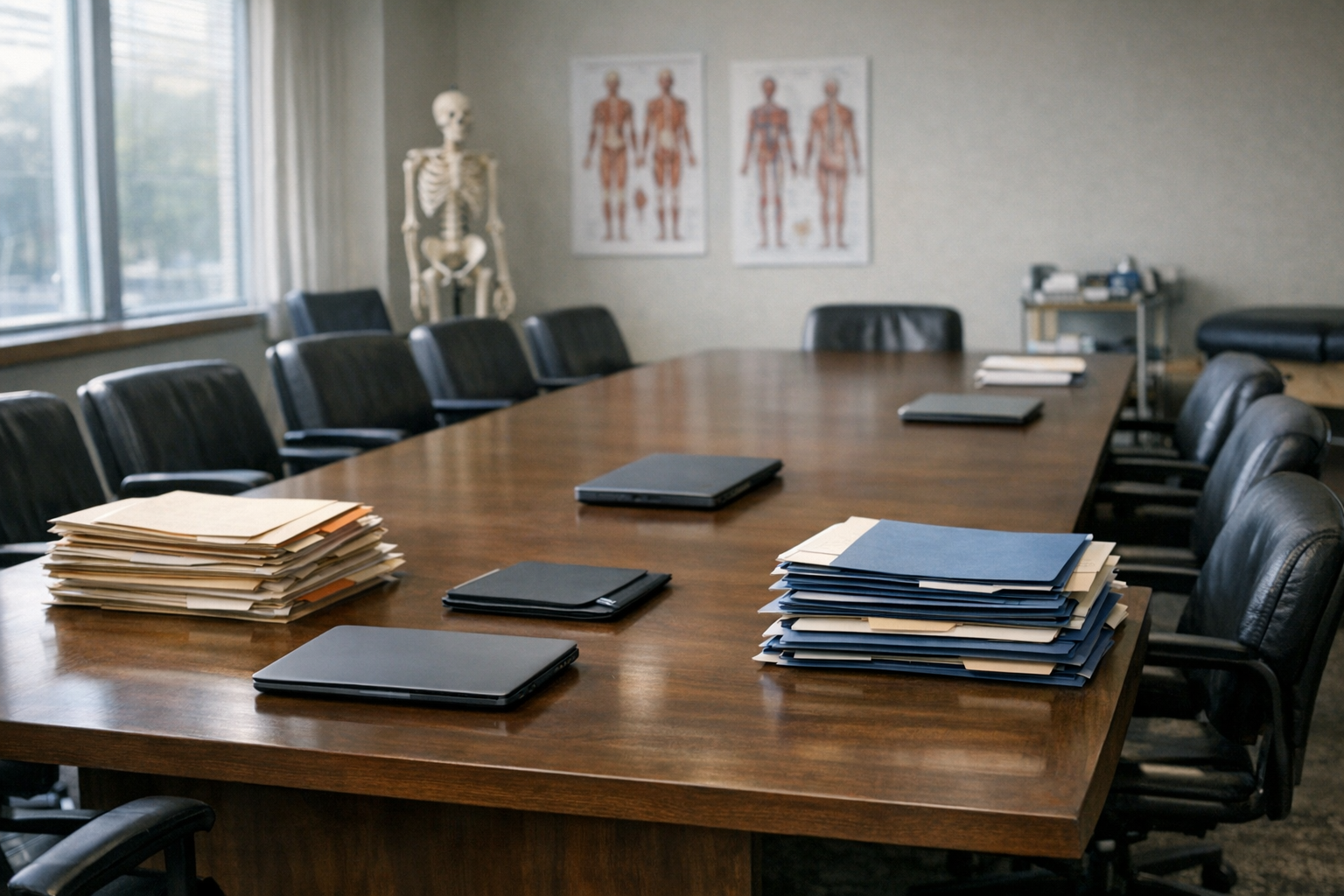 An empty admissions meeting room with a long table, closed laptops, and stacked application folders in a medical school setting.
