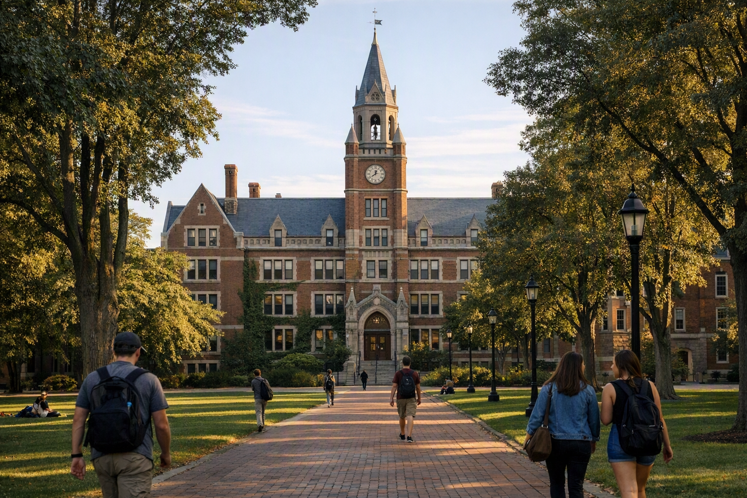 A brick campus building stands beyond a tree-lined walkway as several students cross the path in late-afternoon light.