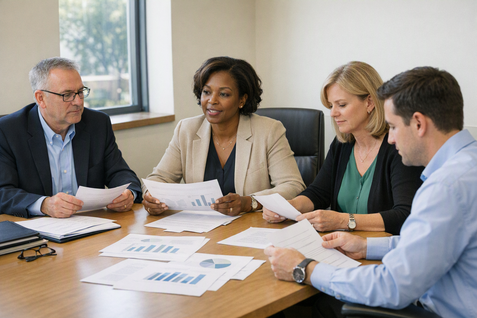 Three college administrators sit around a conference table in a campus office, reviewing printed papers and discussing documents in daylight.