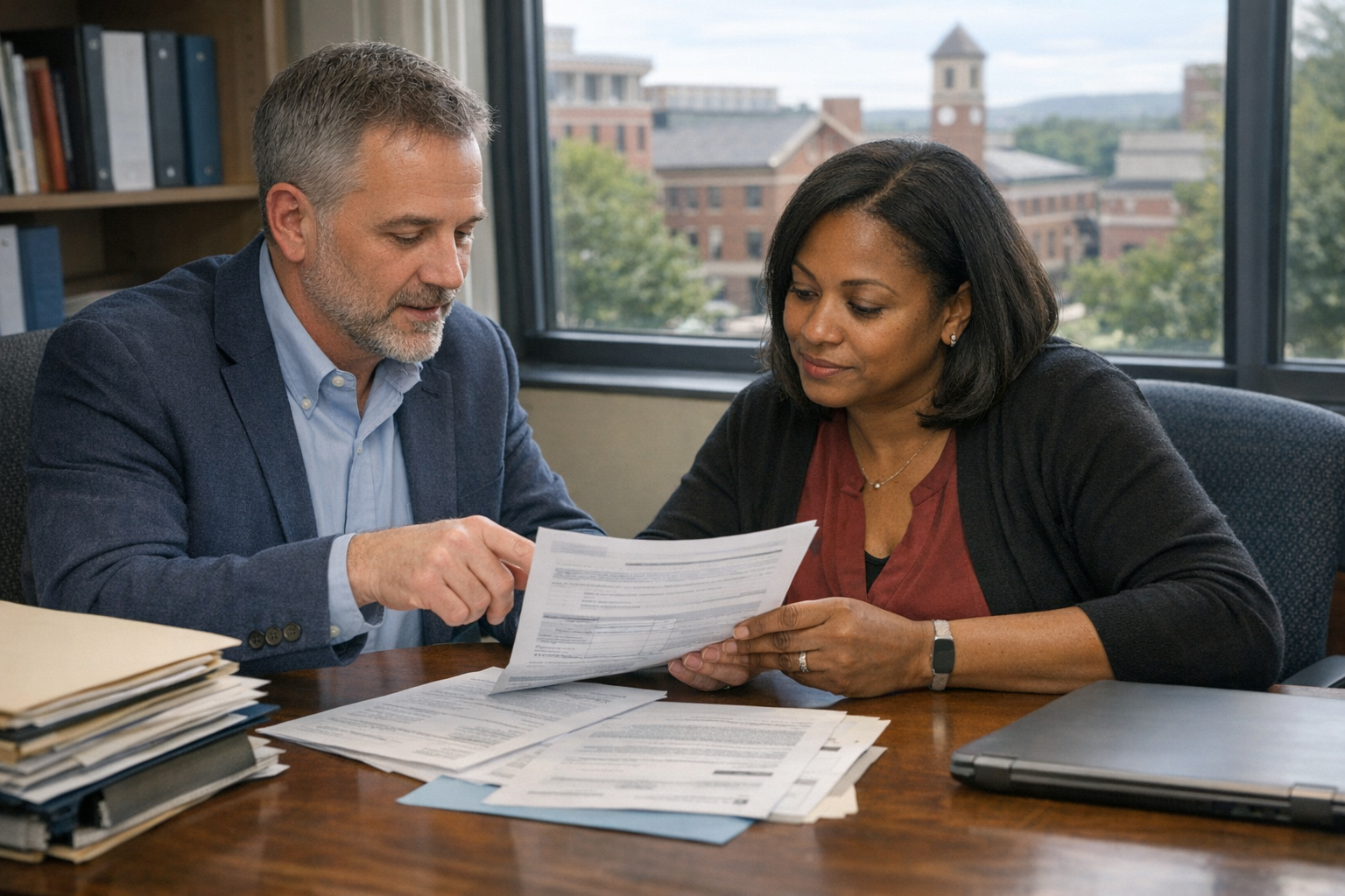 A financial aid adviser and an HR staff member sit at a campus office desk sorting through paper forms and folders near a window.