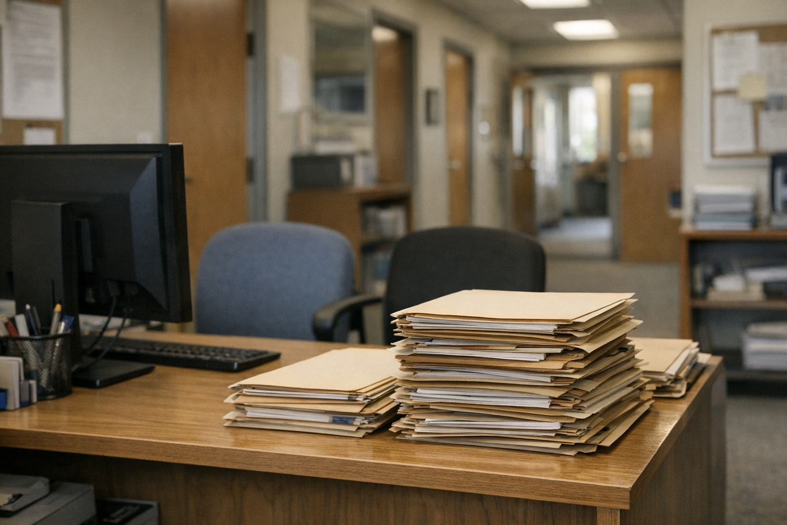 A school district administrative office with closed file folders on a desk, empty chairs, and a hallway leading to offices.