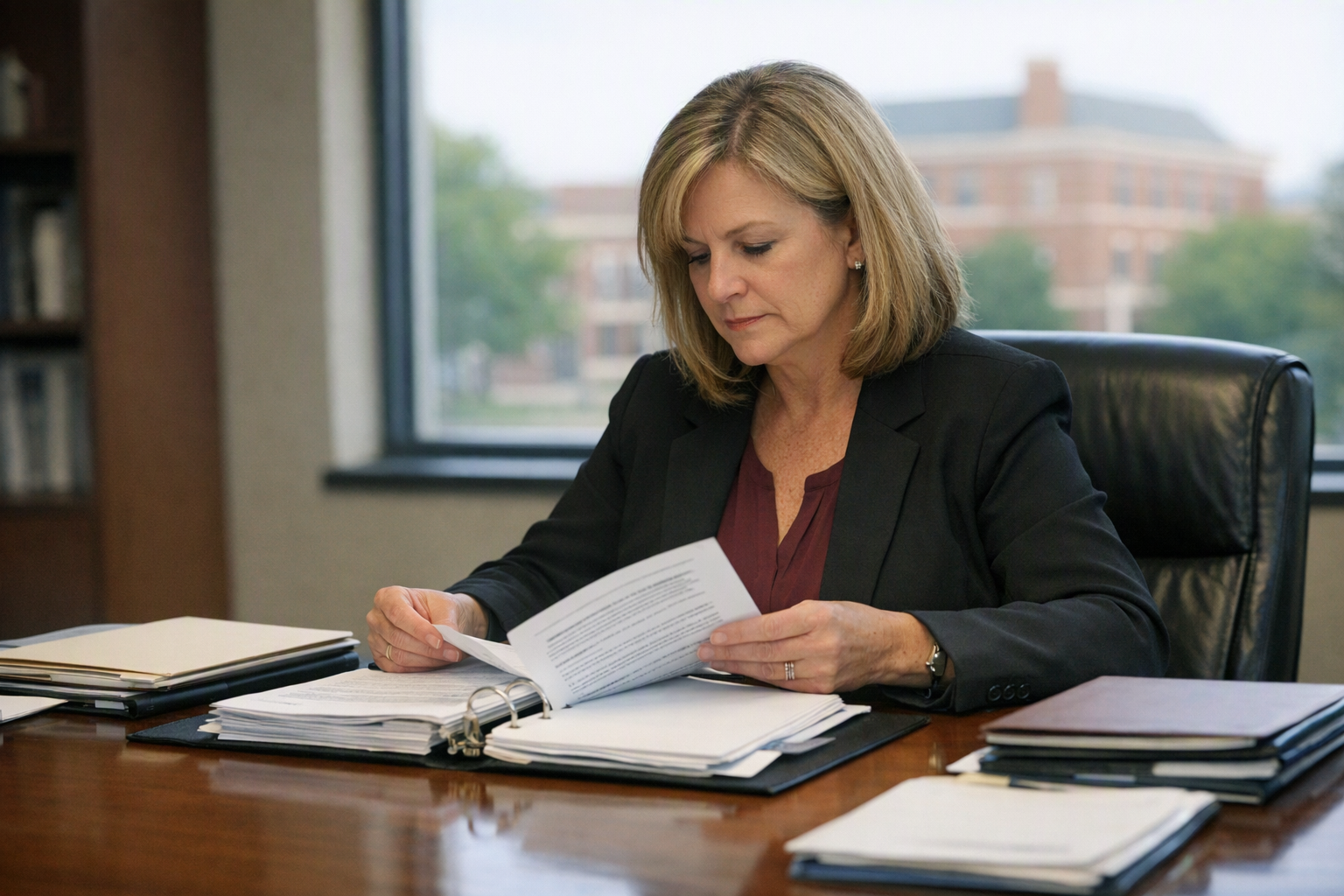 A compliance administrator reviews folders and policy binders at a conference table in an education office with a campus visible through the window.