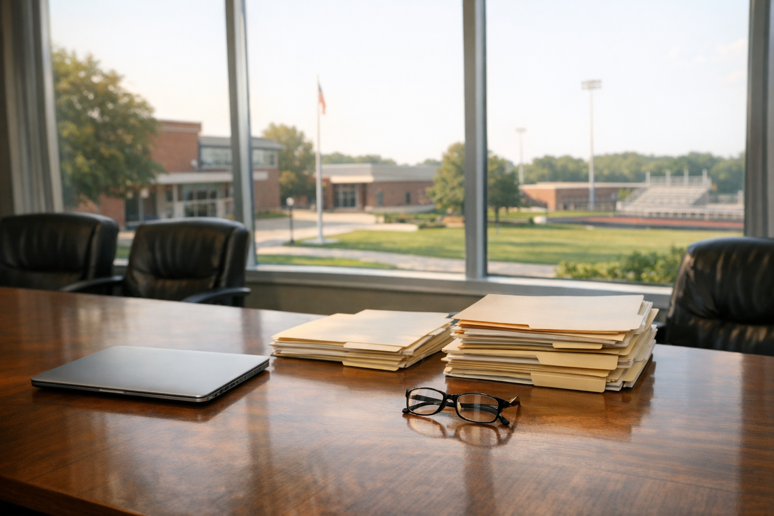 A school administration conference room with file folders, a closed laptop, and glasses on a table by windows facing a campus.