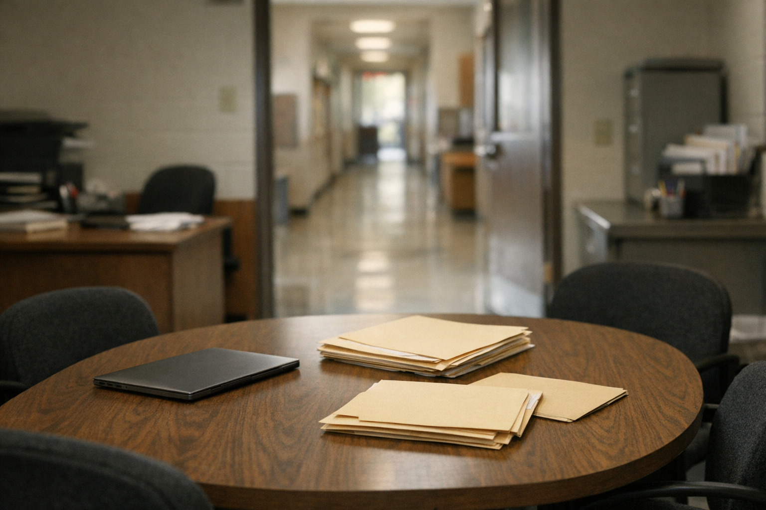 An empty school administrative office with manila folders on a conference table and a hallway blurred in the background.
