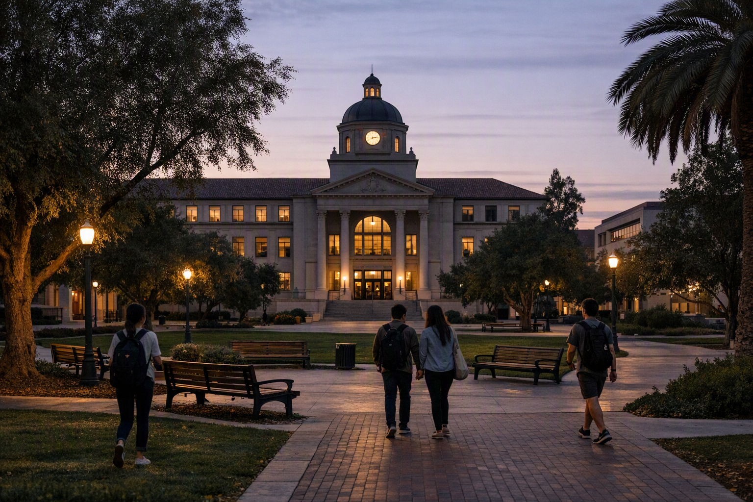 A quiet university quad at dusk with an administrative building, trees, benches, and a few students walking across campus.