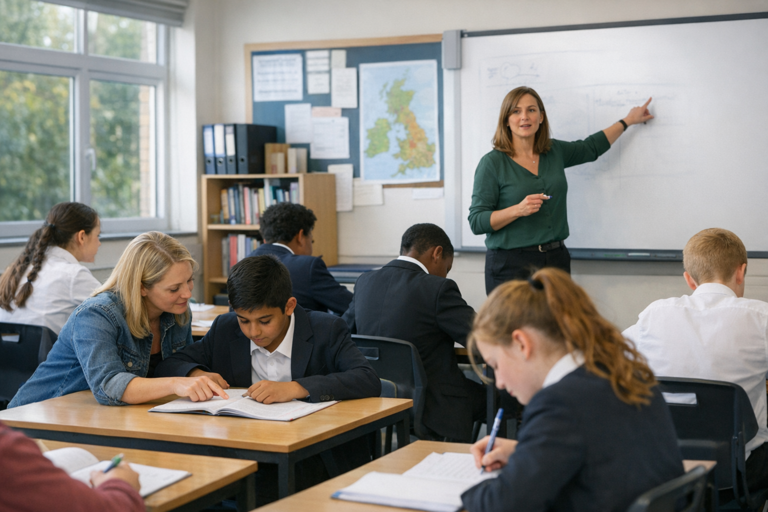 A teacher leads a lesson in a secondary classroom while pupils work at their desks, with one student receiving quiet support beside classmates.