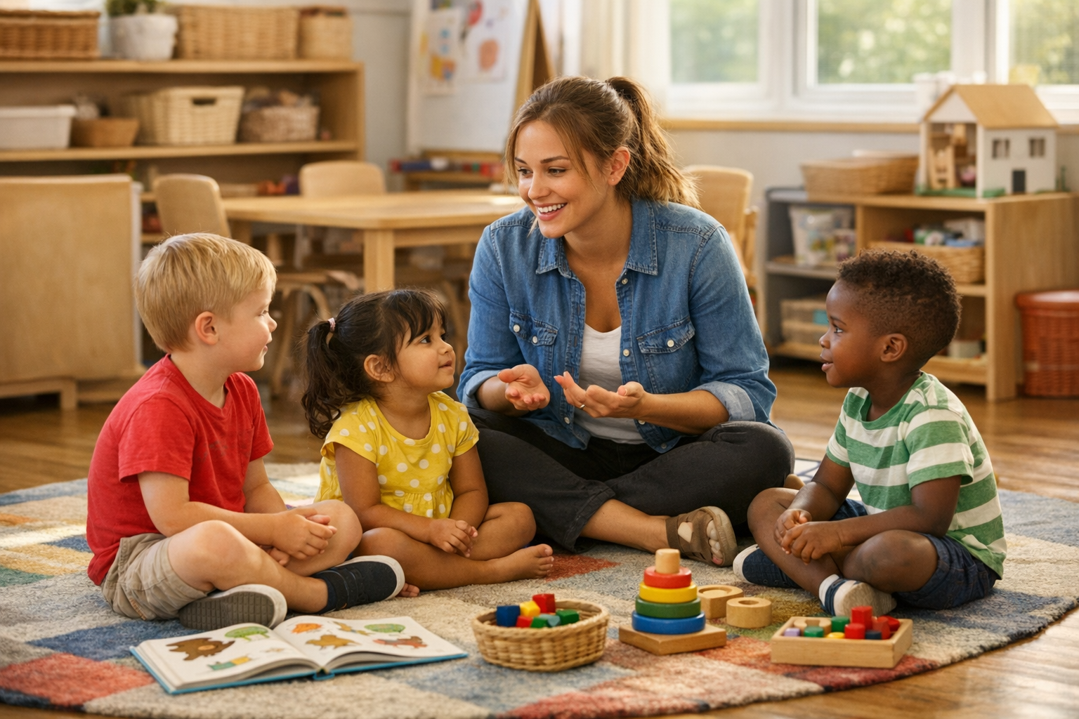An early-years practitioner sits on a classroom carpet with preschool children during a small-group activity, with books and play materials nearby.