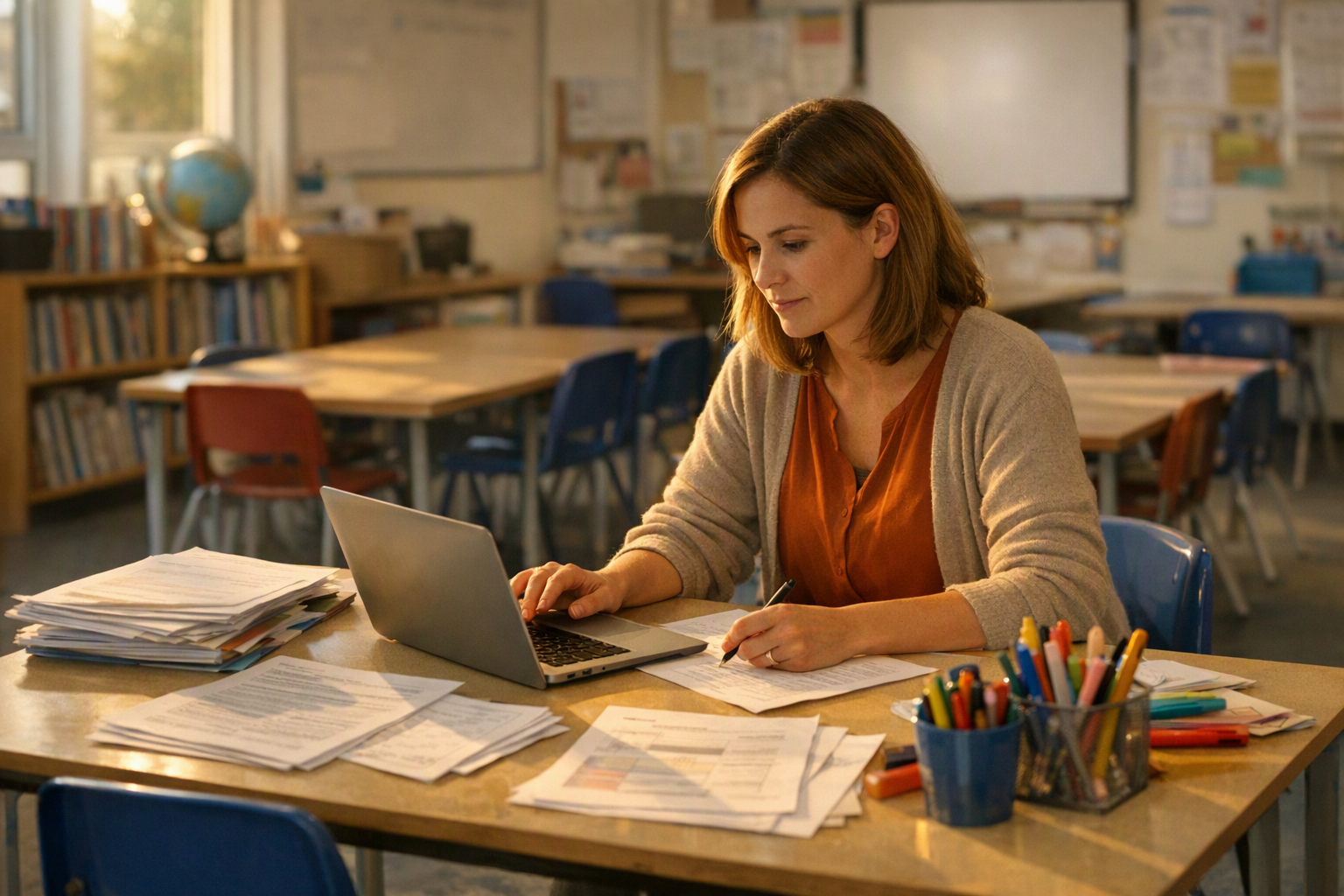 A primary school teacher sits at a classroom table after school with a laptop, papers, and teaching materials spread out in warm light.