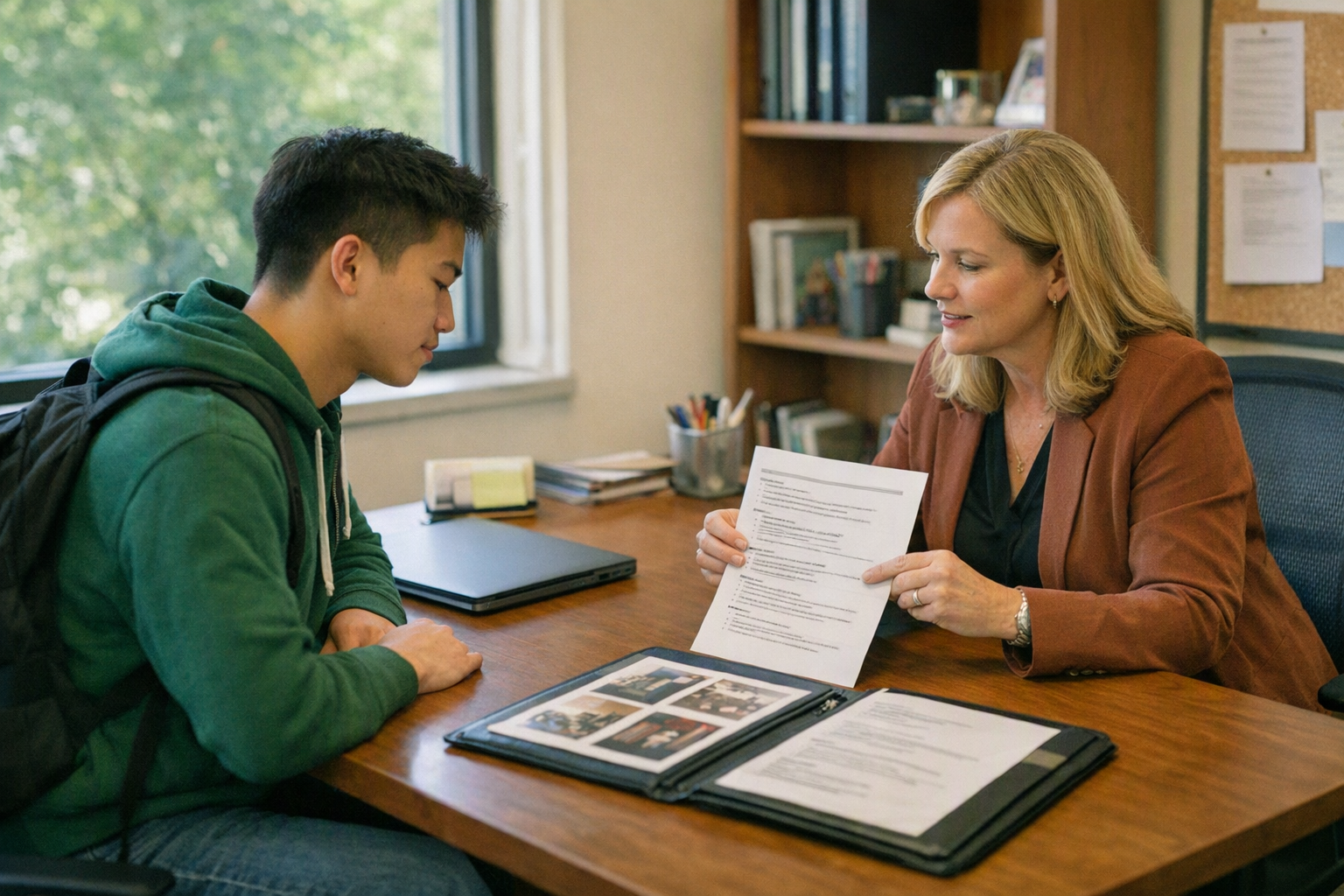 A student and a career counselor sit across a desk in a campus office, looking over printed resume pages and portfolio materials beside a closed laptop.