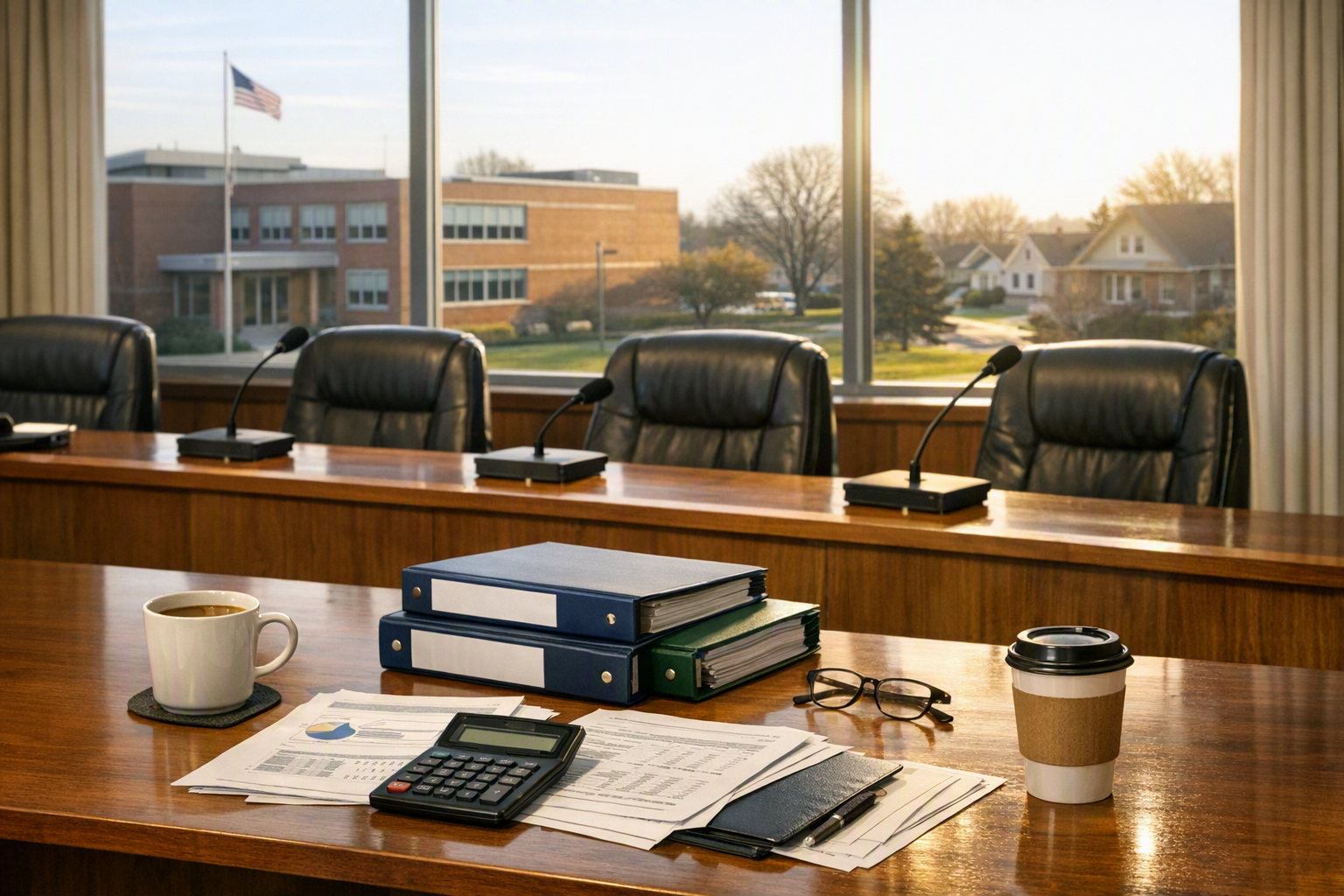 An empty school board meeting room with budget binders and a calculator on the table, with a school building and nearby homes visible through the windows.
