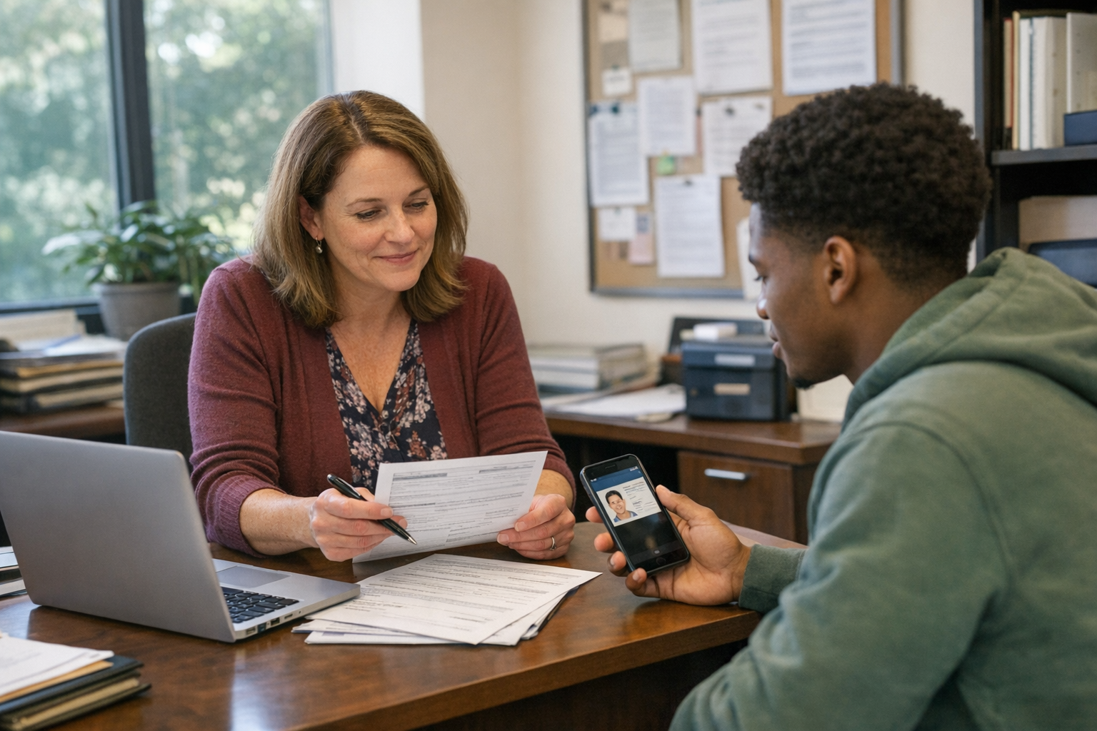 A financial aid adviser meets with a student at a desk with a laptop, a smartphone, and paperwork in a campus office.