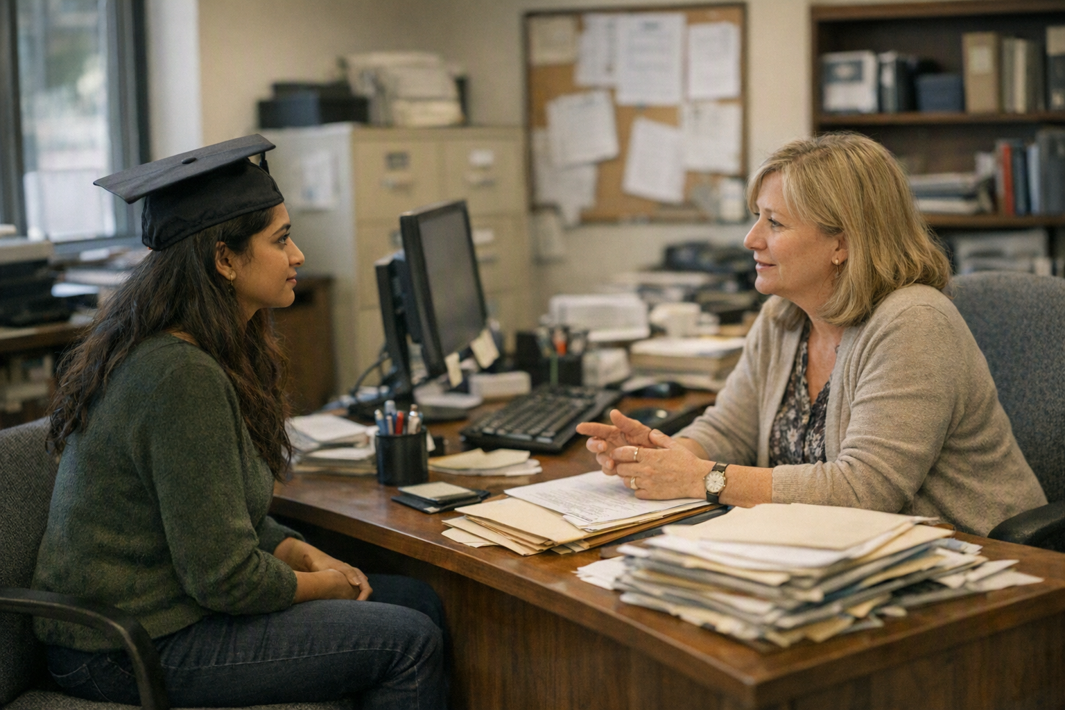 A student sits across from a financial aid staff member in a campus office with folders and paperwork spread across a desk.