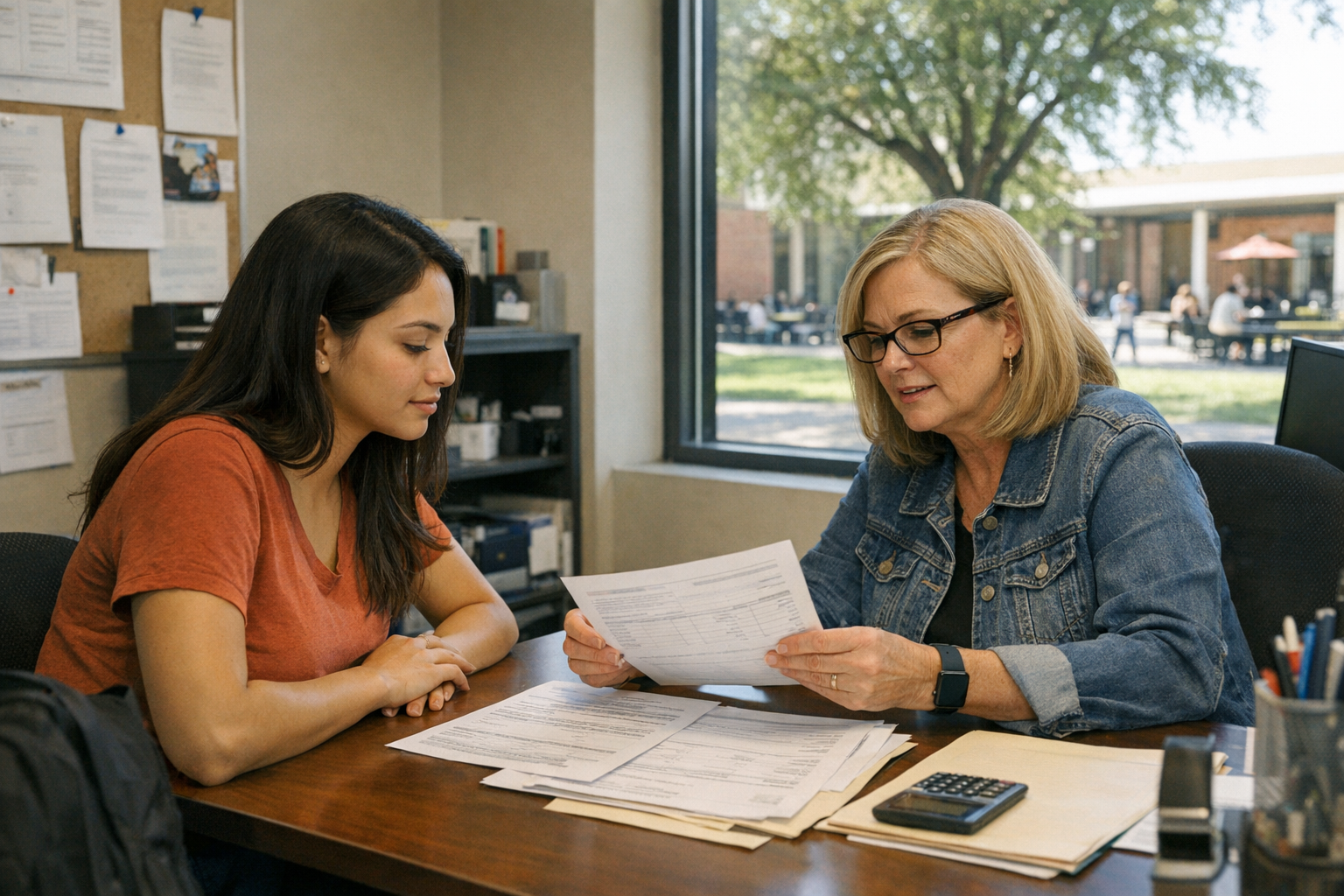 A student and a college advisor sit across a desk in a campus office with papers spread out and a college courtyard visible through the window.