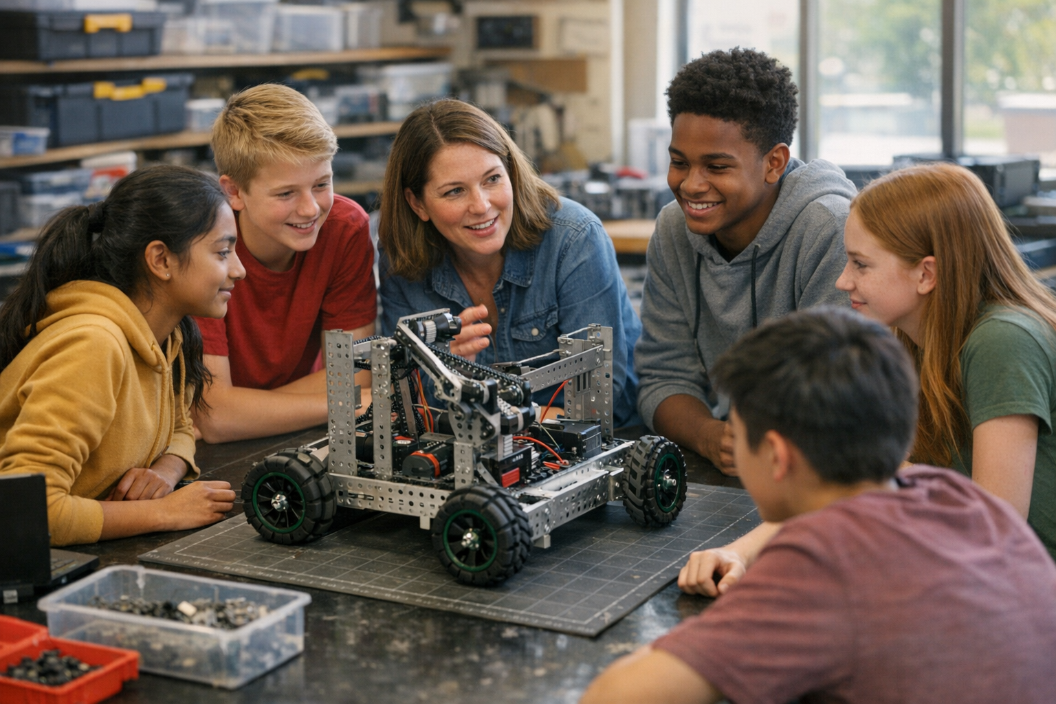 A teacher and several students stand around a small robot on a worktable in a school STEM lab with tools and parts nearby.