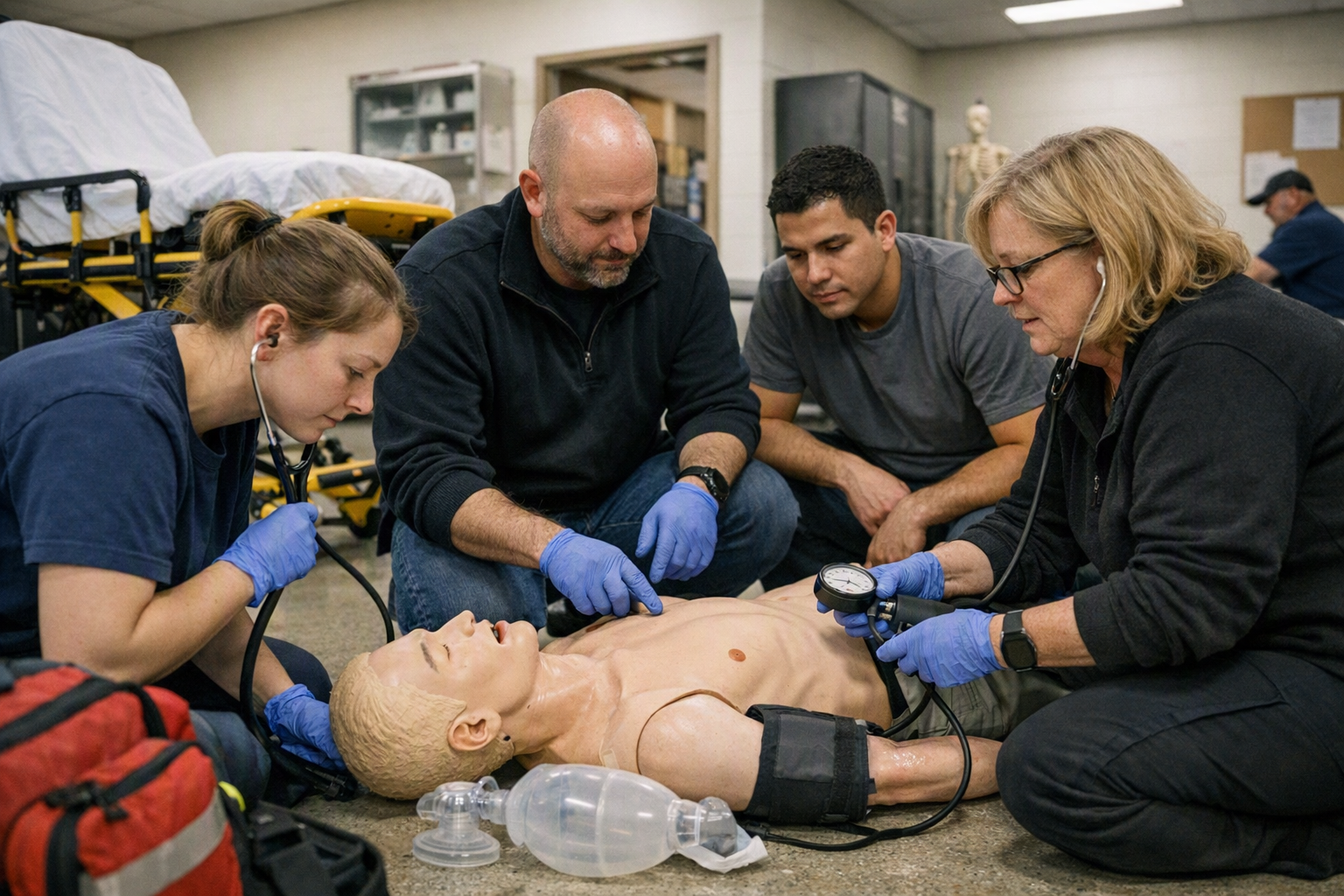 Adult students in an EMT lab practice patient assessment on a training mannequin beside a stretcher in a community college classroom.