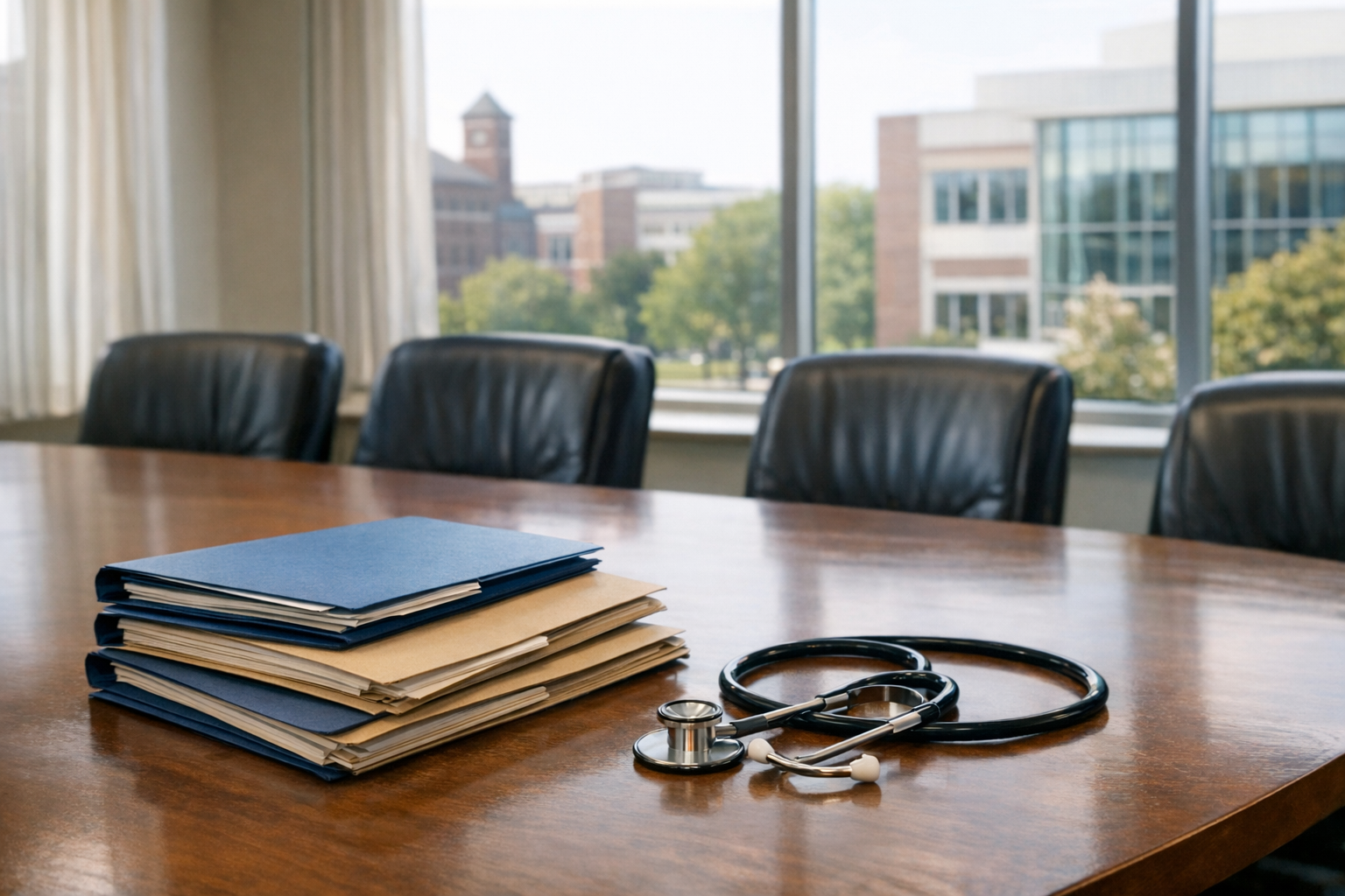 A conference room in a medical school admissions office with folders on a table, a stethoscope nearby, and campus buildings visible through large windows.