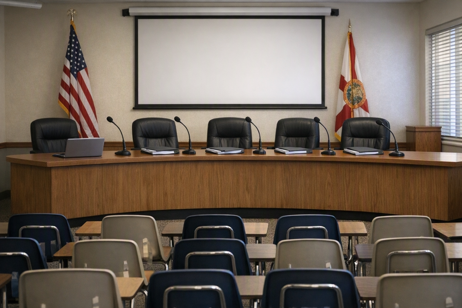 An empty school board meeting room with microphones on a dais, a closed laptop, papers on the table, and rows of classroom chairs.