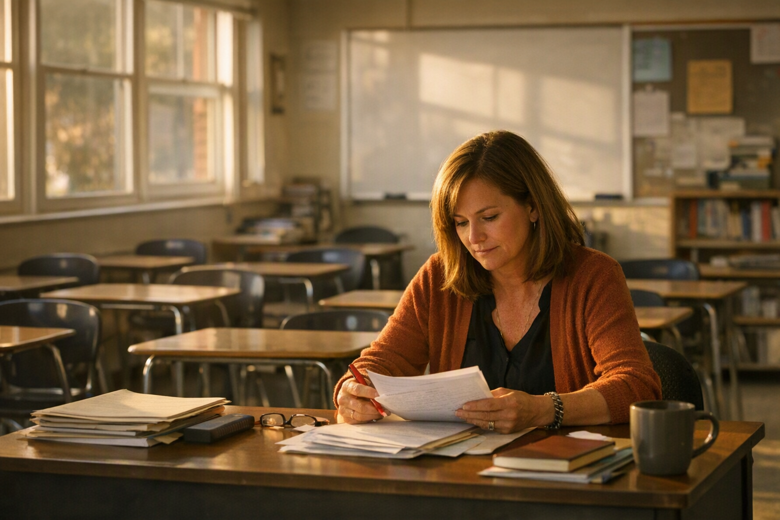 A teacher sits alone at a desk in an empty classroom after school, with papers spread out and rows of student desks in the background.