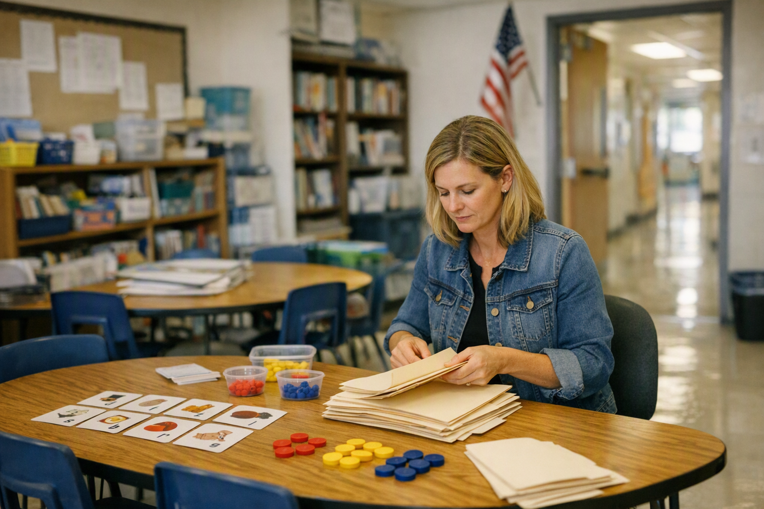 A teacher sits at a small table in an elementary intervention room, sorting student folders beside phonics materials and math counters.